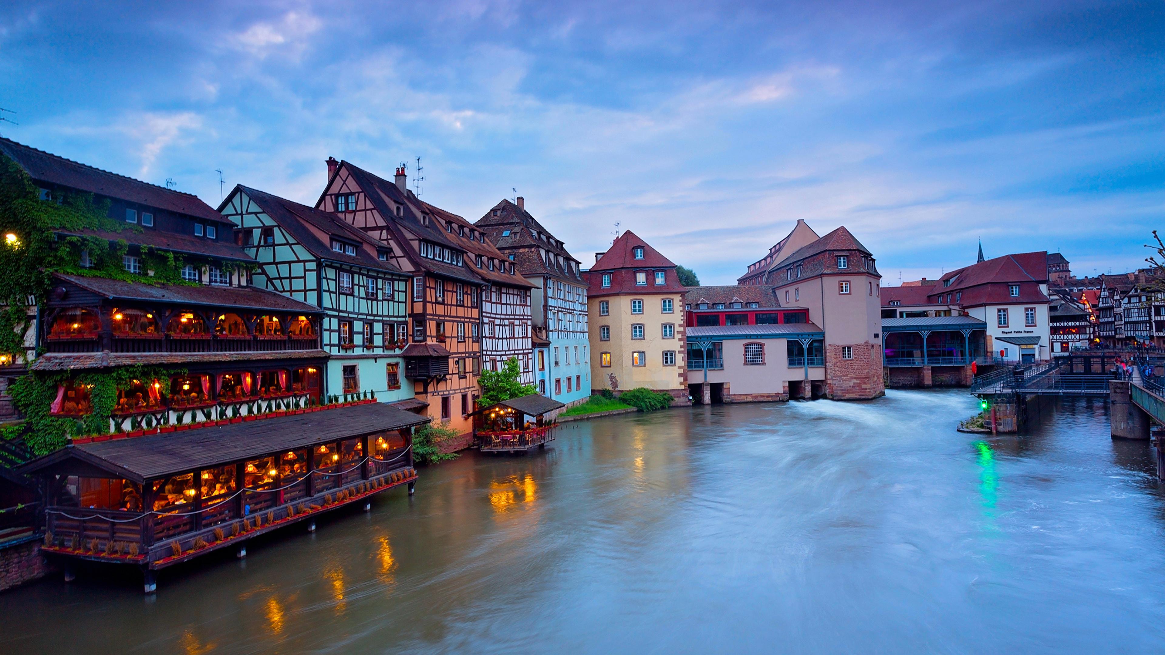 Image Cities France Rivers Evening Houses Strasbourg 3840x2160