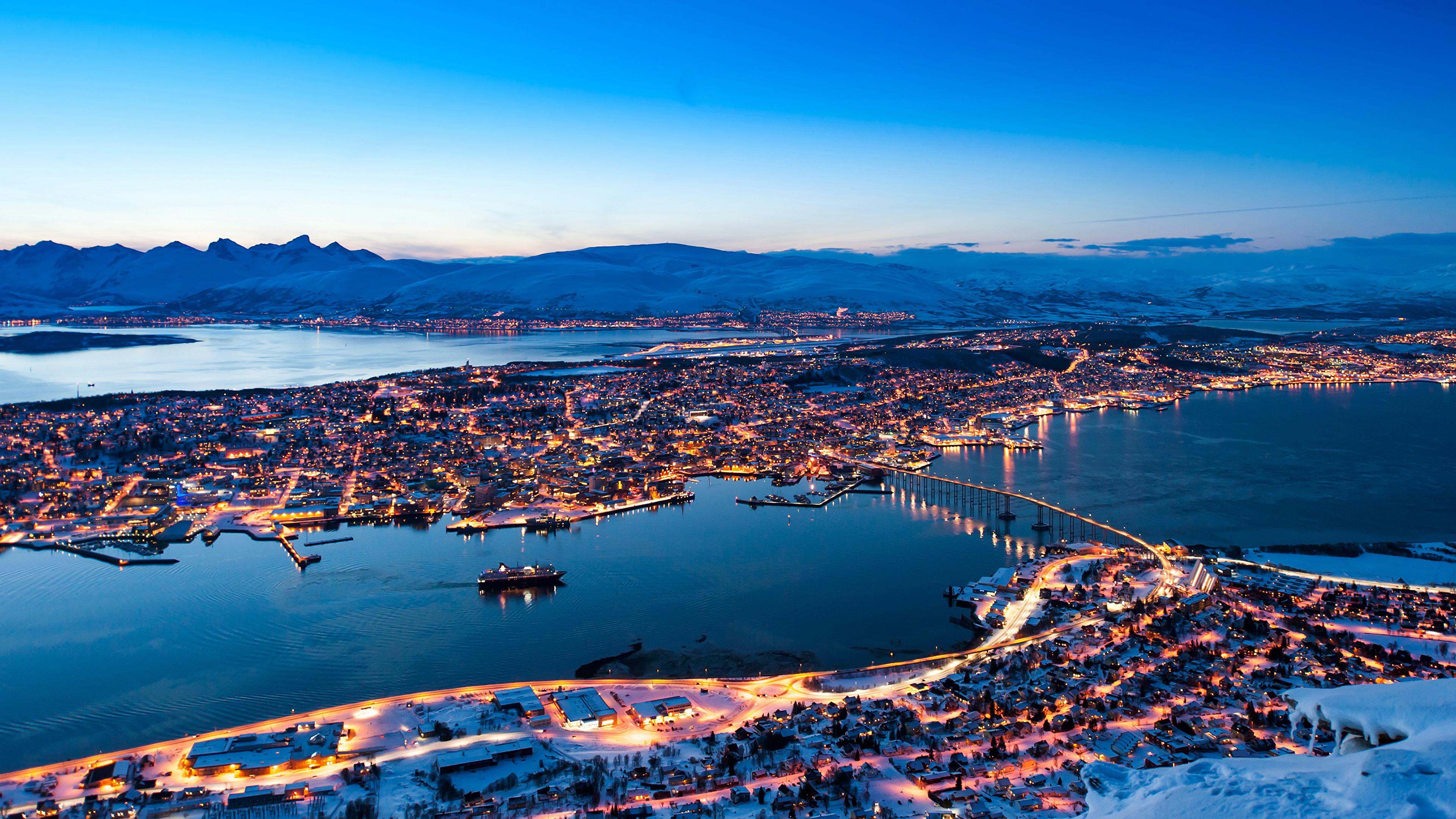 image Norway Tromso Rivers night time Cities Building 3840x2160
