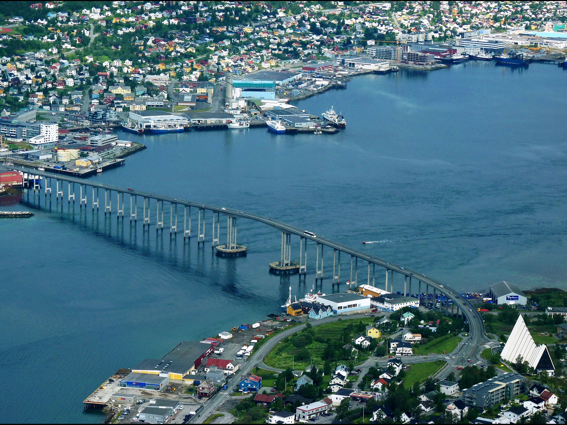 Wallpaper Tromso, Norway, city, top view, bridge, river 1920x1440 HD