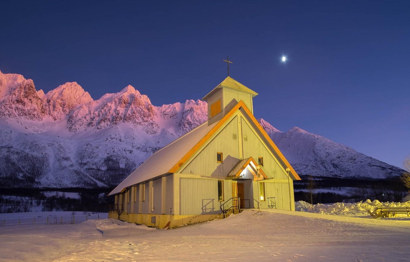 Wallpaper winter, night, Norway, Church, Norway, Troms County