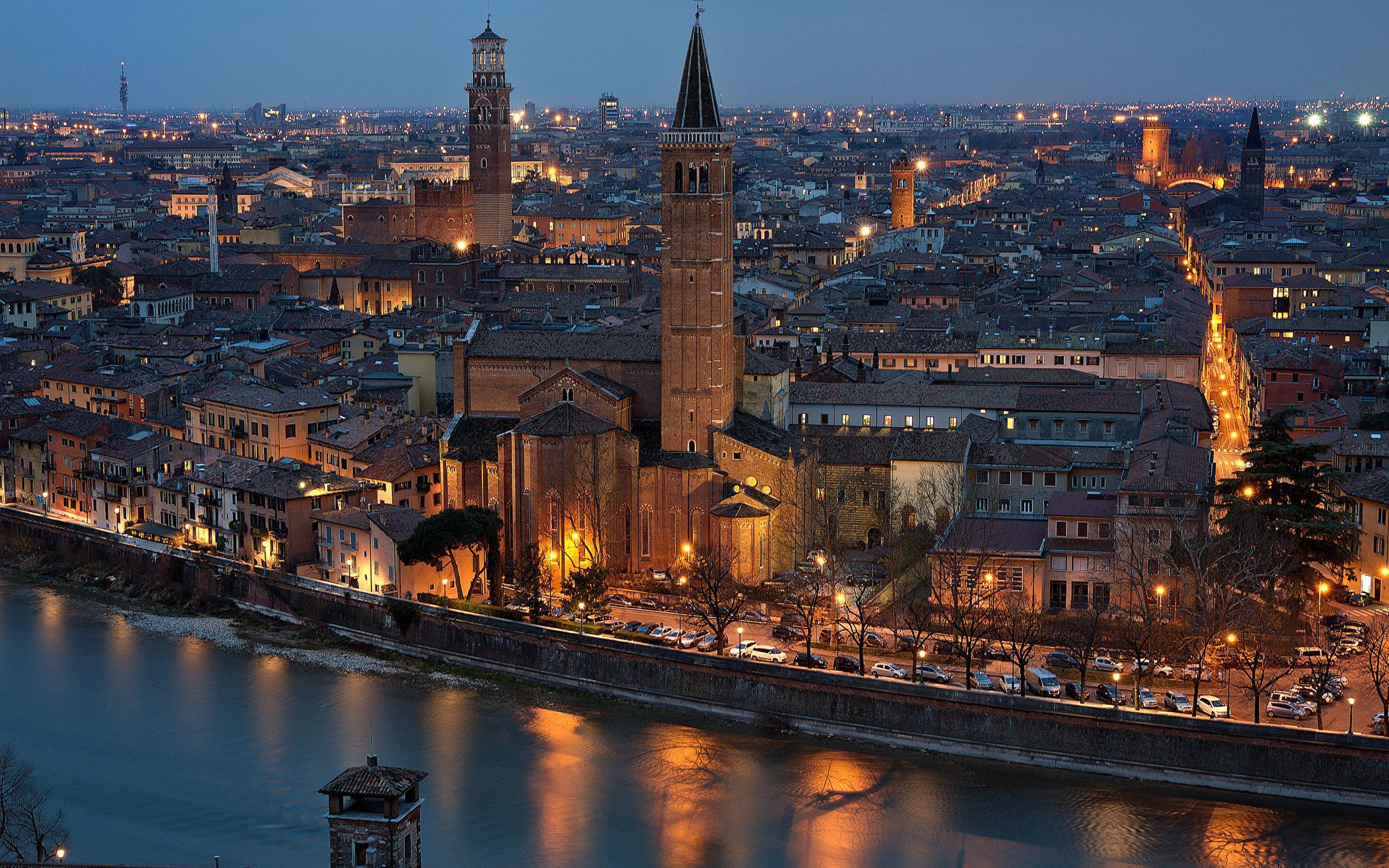 Wallpaper Verona Italy Rivers night time Cities Houses 2560x1600