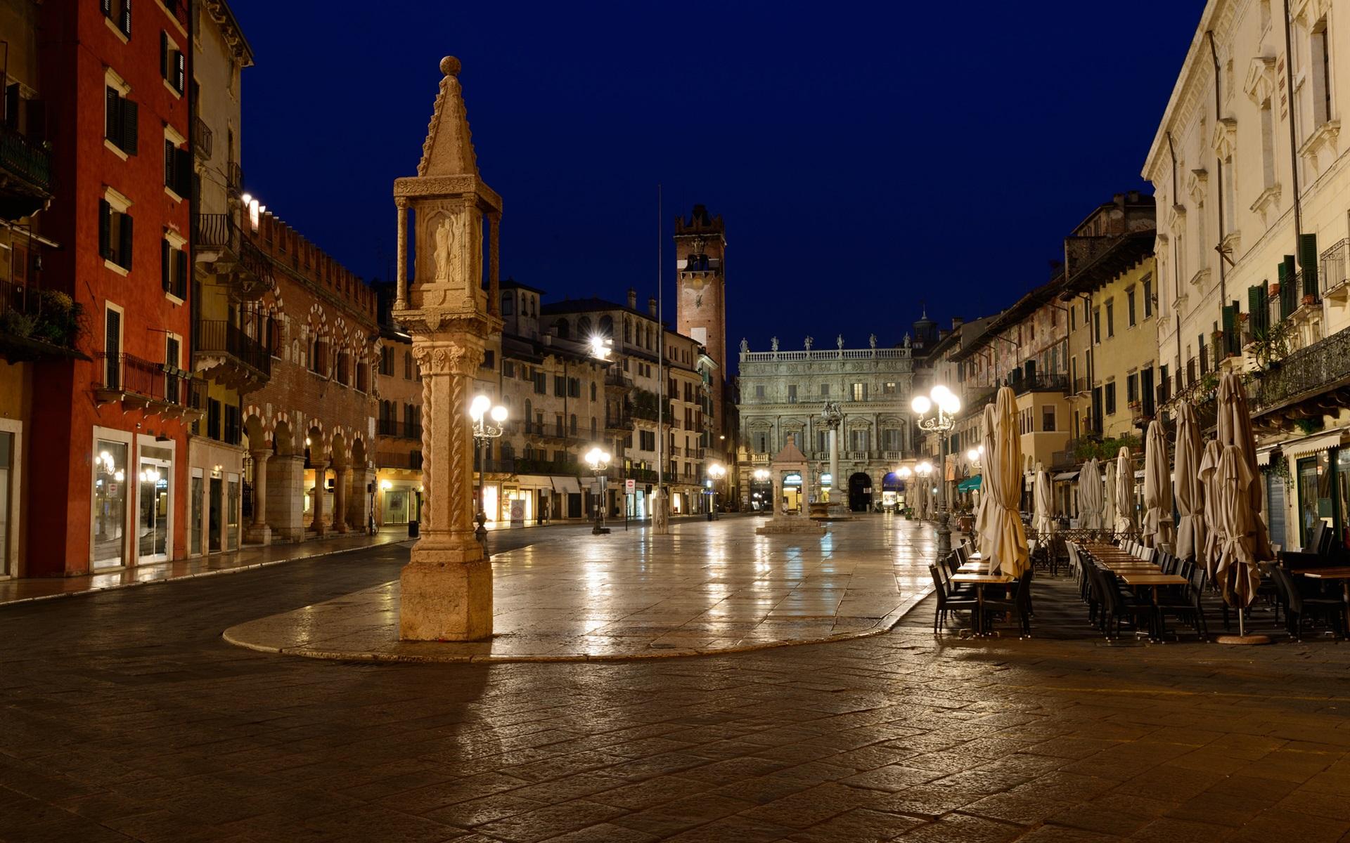 Wallpaper Italy, Verona, city, street, cafe, night, lights, houses