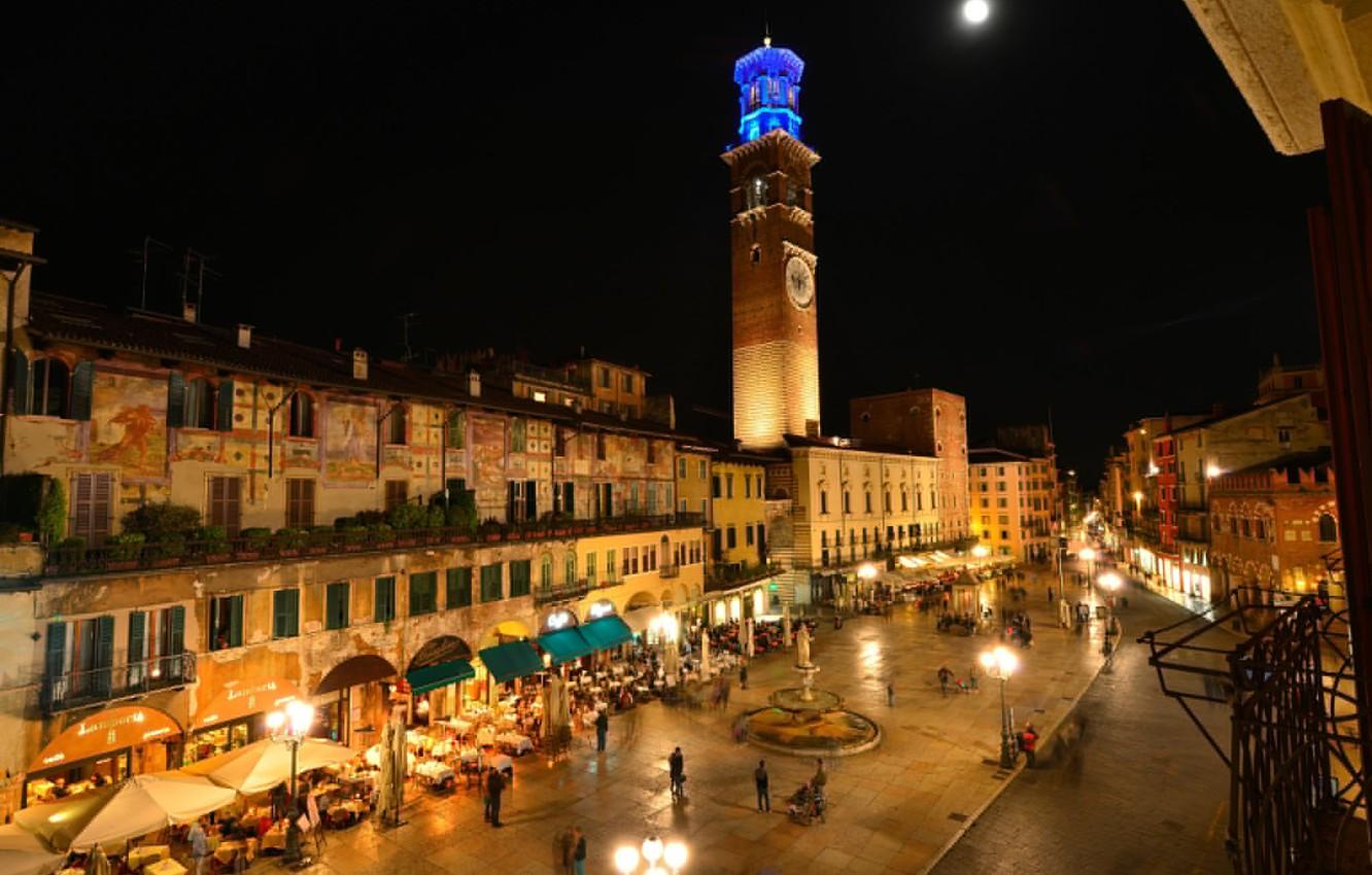 Wallpaper night, lights, tower, home, area, Italy, Verona image