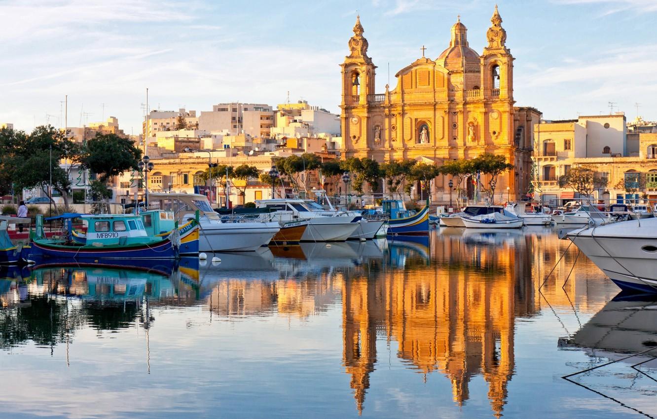 Wallpaper reflection, boats, Cathedral, boats, harbour, Malta, Malta