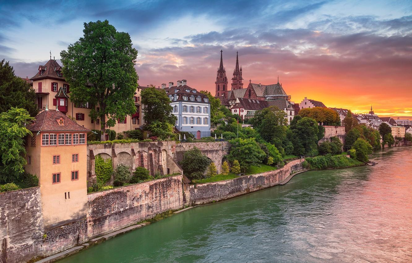 Wallpaper sunset, river, building, home, Switzerland, Switzerland