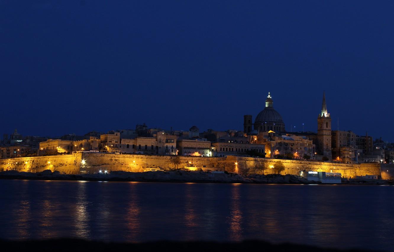 Wallpaper sea, night, lights, coast, island, home, the state, Malta