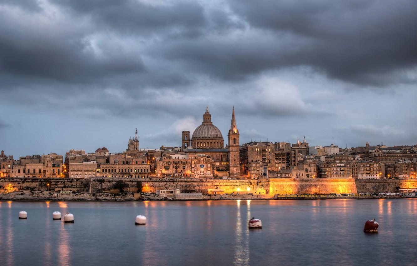 Wallpaper sea, lights, tower, buoys, Malta, Valletta image