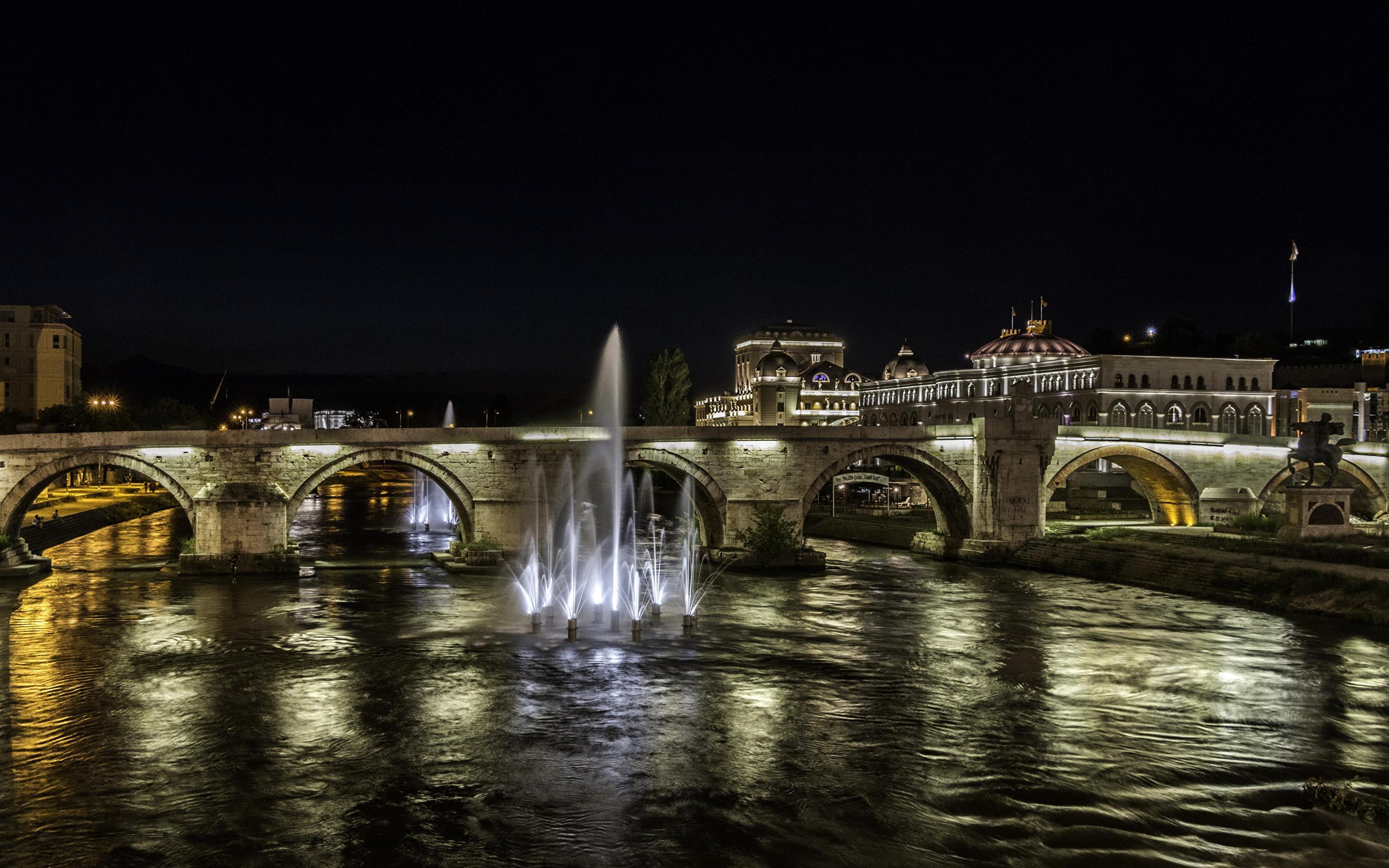 Picture Skopje Macedonia Bridges Night Rivers Cities 2880x1800
