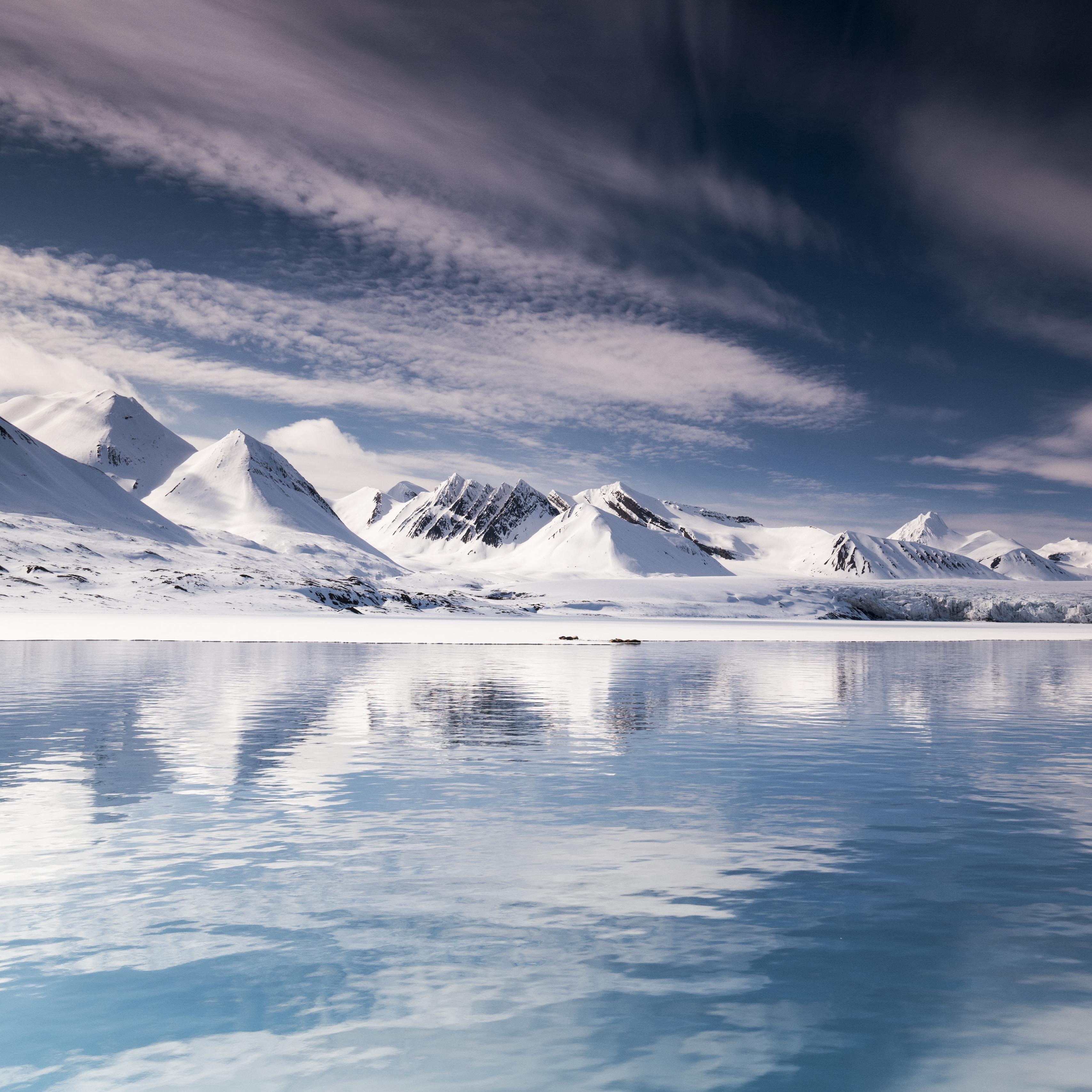 Download wallpaper 3415x3415 mountains, snow, lake, iceberg