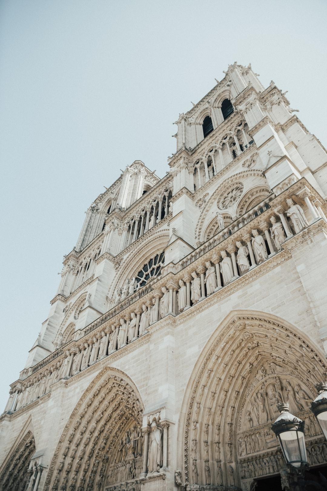 The Gothic Architecture And Facade Of Notre Dame Cathedral In Paris