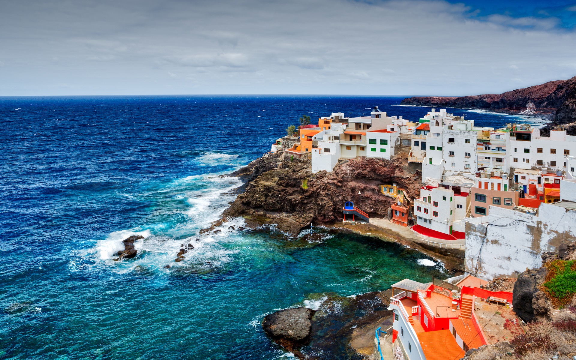 Wallpaper Spain, Canary Islands, ocean, rocks, cliffs, coast, houses