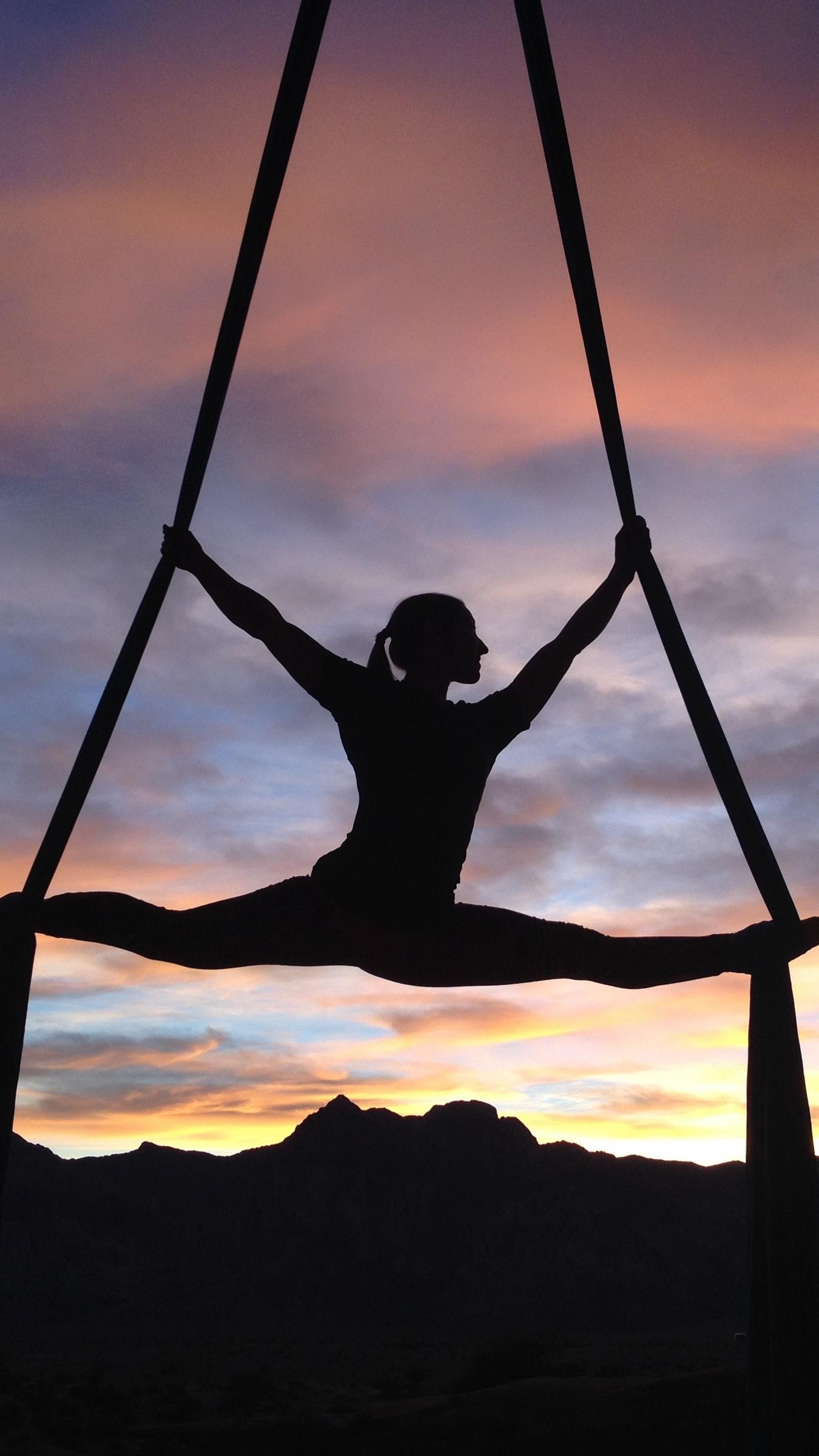 Download wallpaper 1350x2400 silhouette, air gymnast, girl
