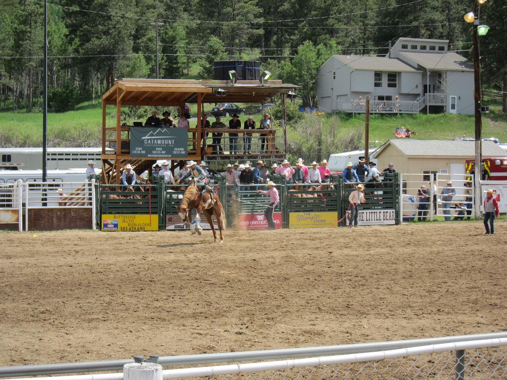 Saddle Bronc Riding at the Evergreen Rodeo. The rider comes