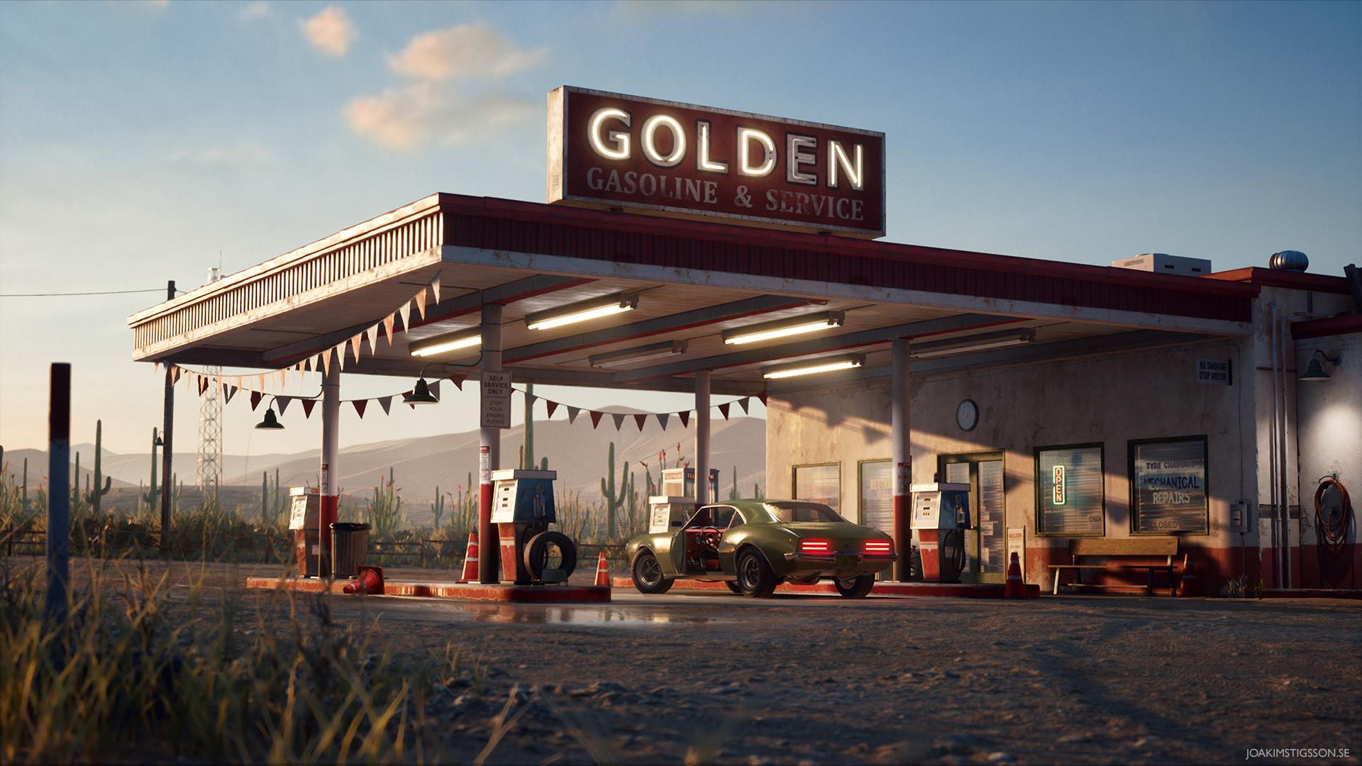 Golden Gasoline Desert Gas Station, HD Artist, 4k Wallpaper, Image