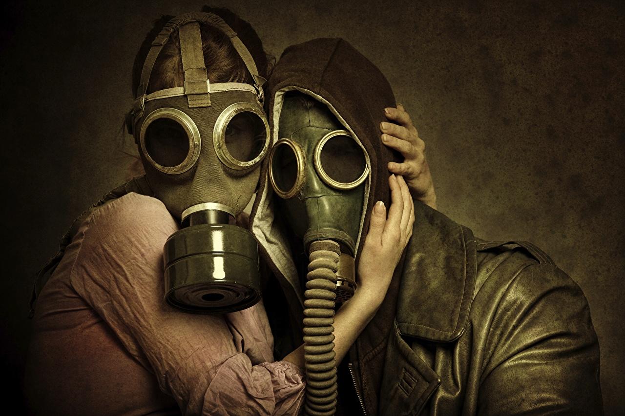 Wallpaper Gas mask Couples in love Two Girls