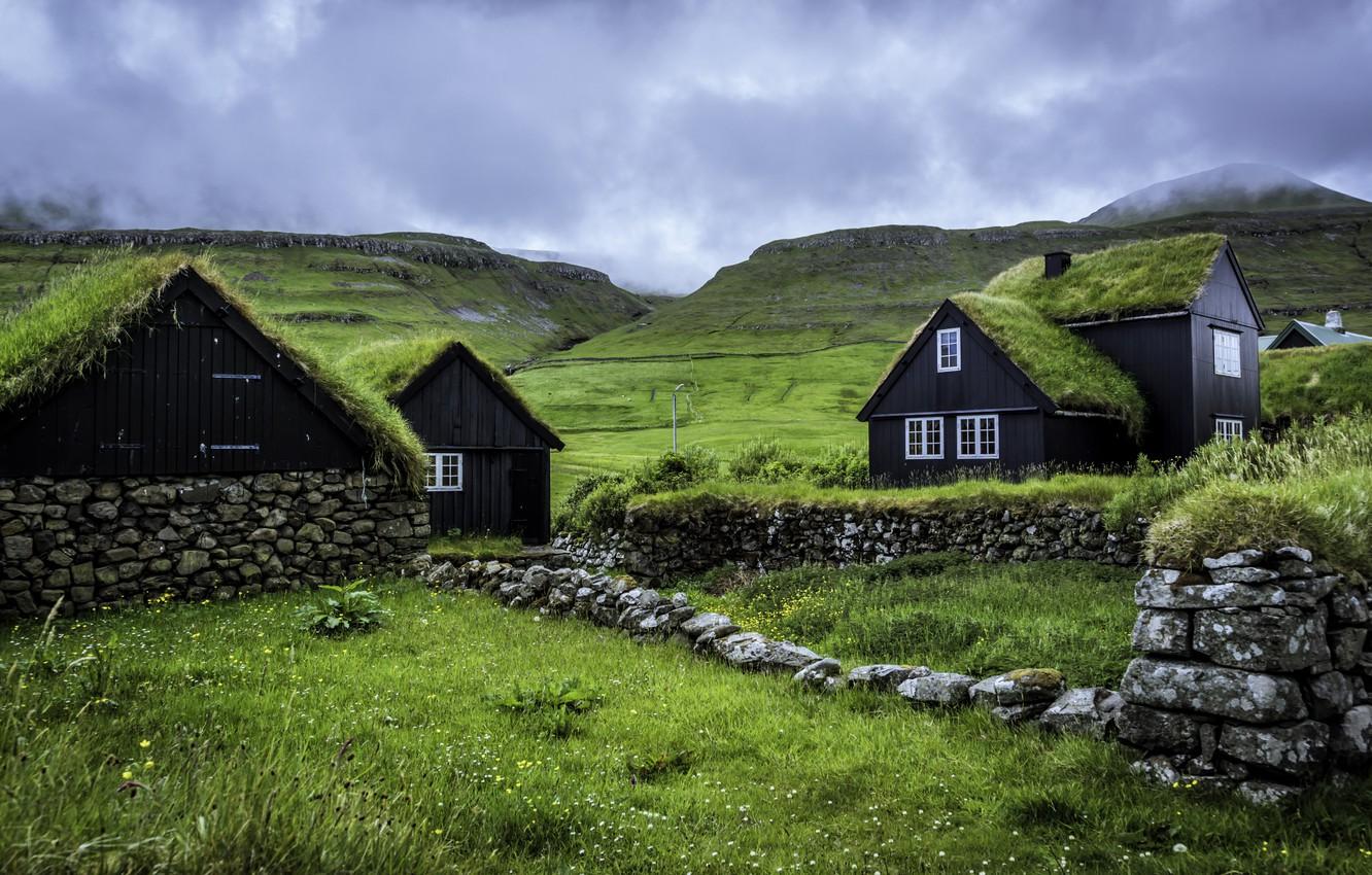 Wallpaper the sky, clouds, hills, houses, Faroe Islands, Faroe