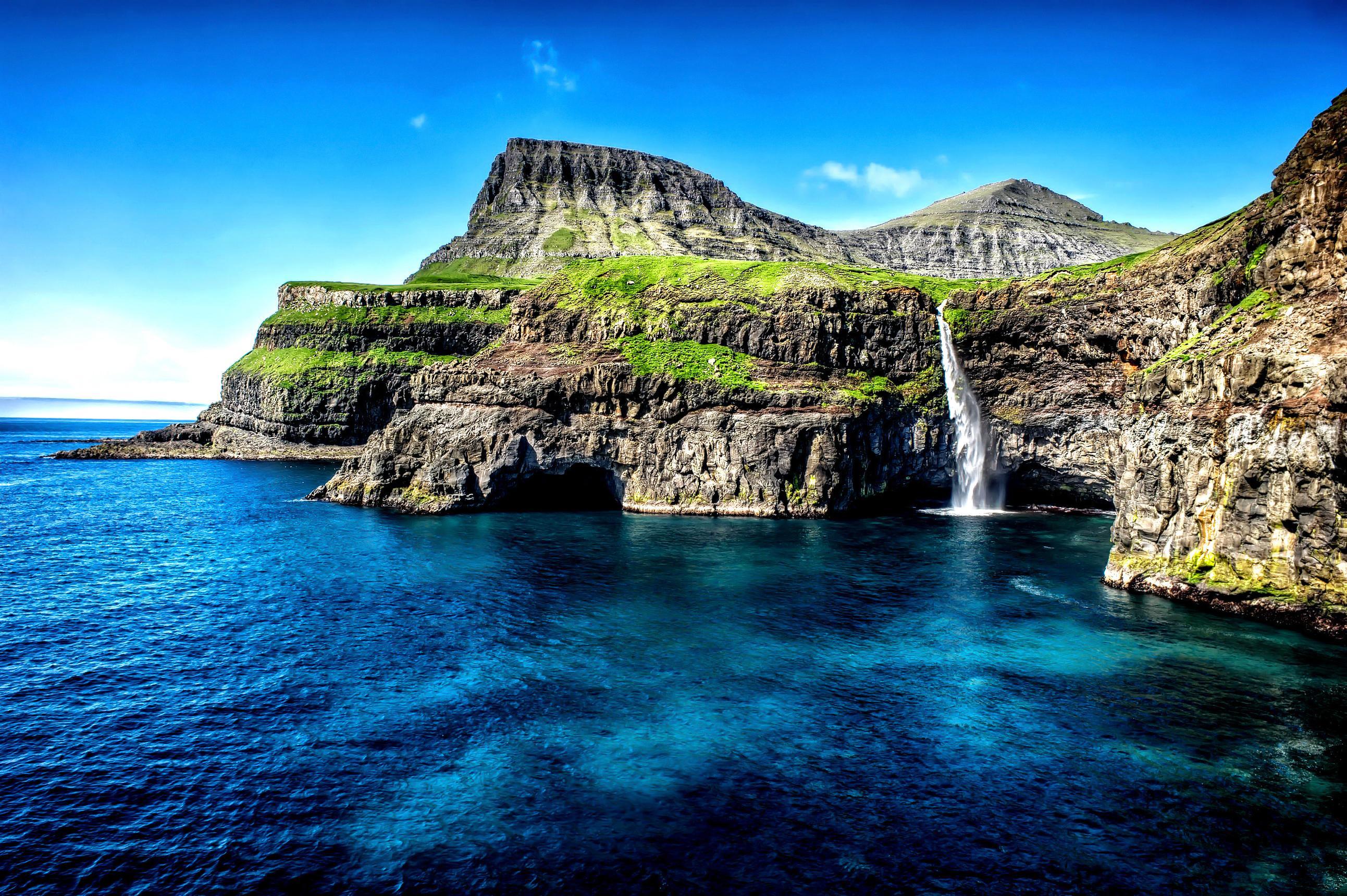 Wallpaper Gasadalur, Waterfall, Faroe Islands, Denmark, Nature