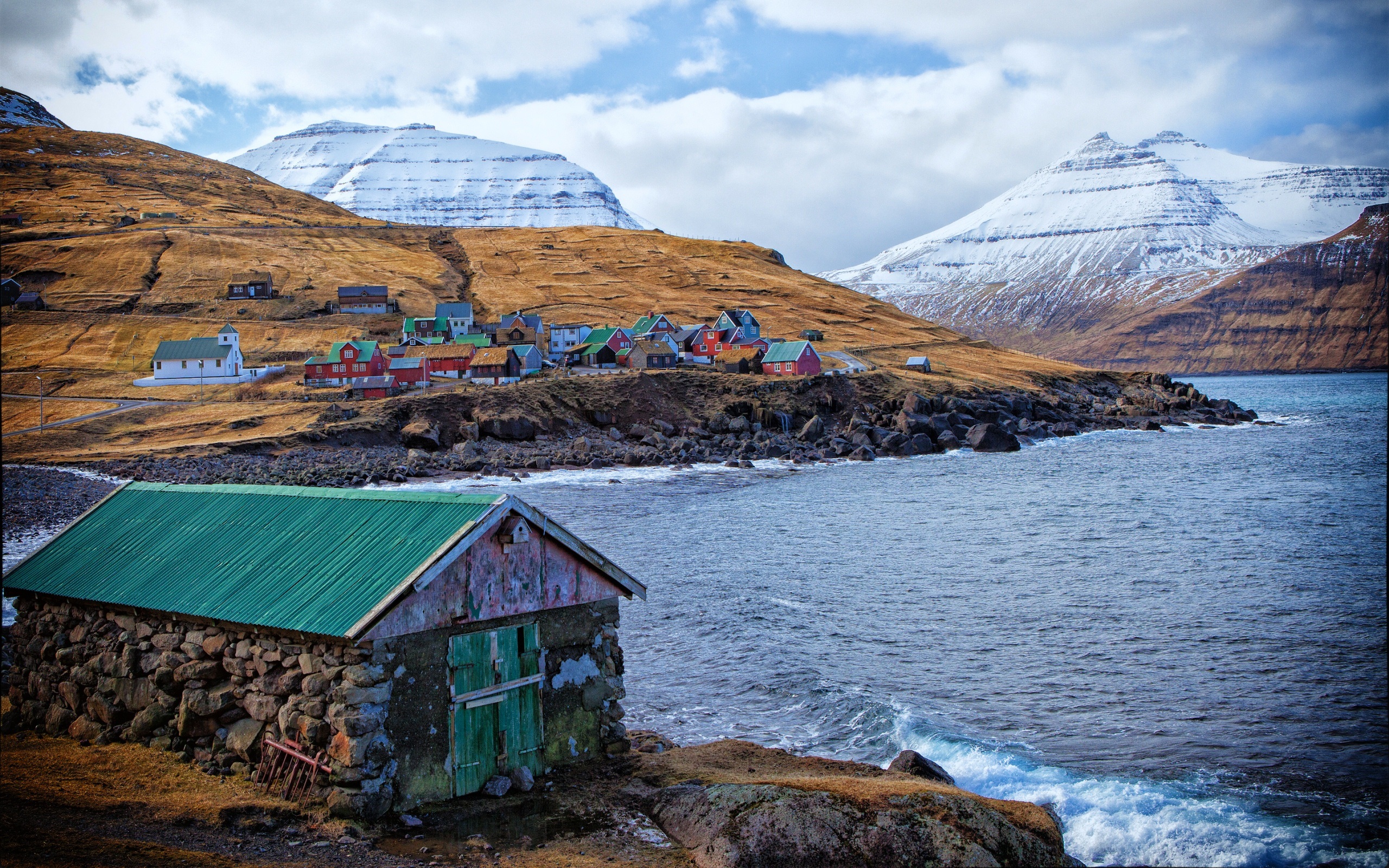 Wallpaper Faroe Islands, Denmark, houses, colors, mountains, sea