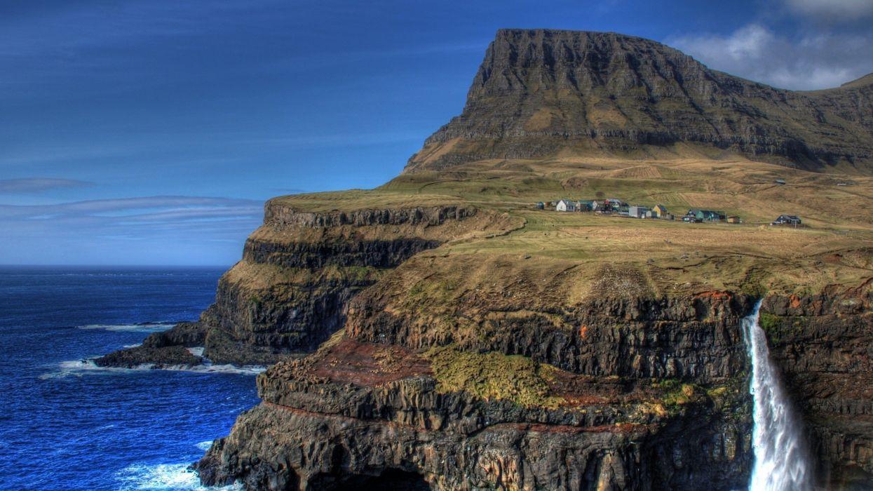 Landscapes nature coast cliffs landmark Faroe Islands sea wallpaper