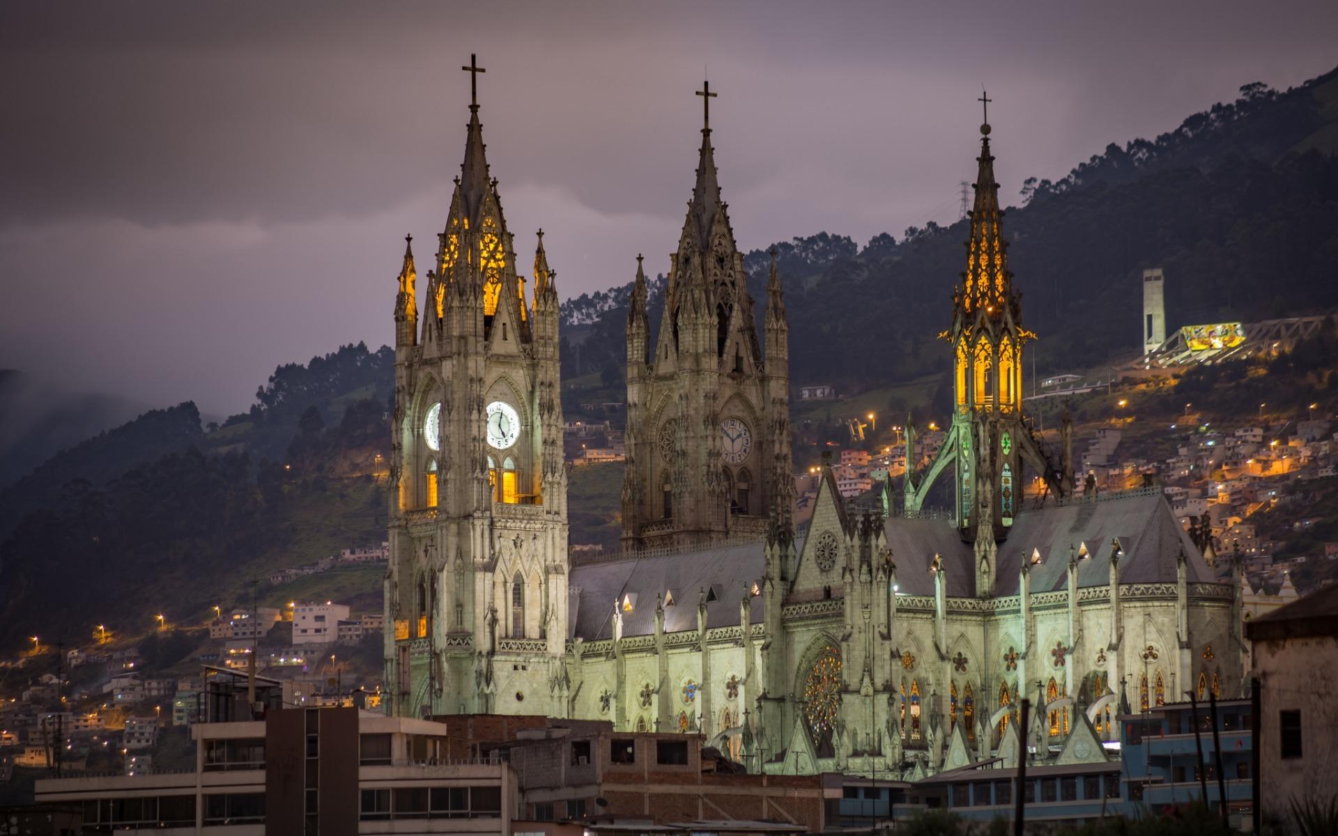 Download wallpaper Basilica Quito, Roman Catholic church, evening