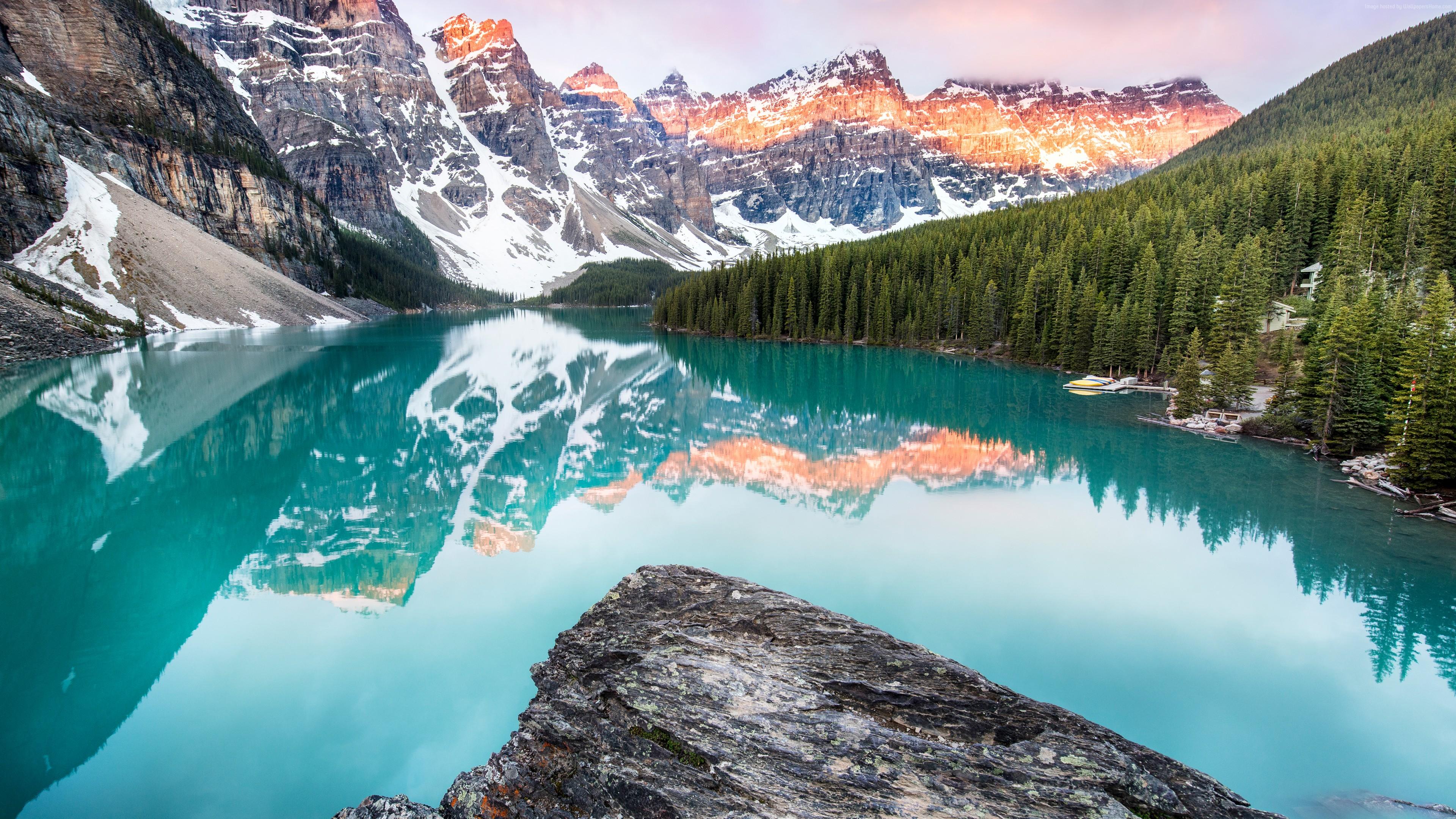 Wallpaper Moraine Lake 4K, Banff, Canada, forest, mountains