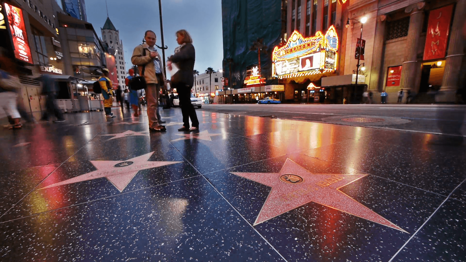 Hollywood Walk of Fame stars at dusk. Timelapse. Stock Video Footage