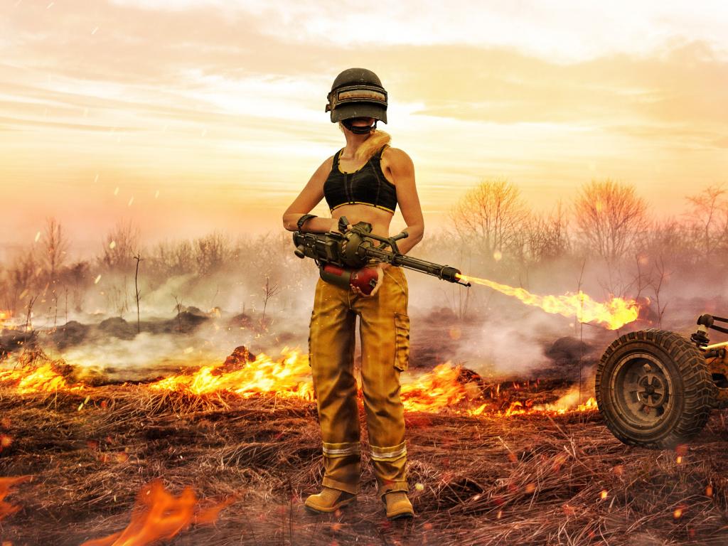 Downaload PUBG, clearing the mess, woman with firegun wallpaper