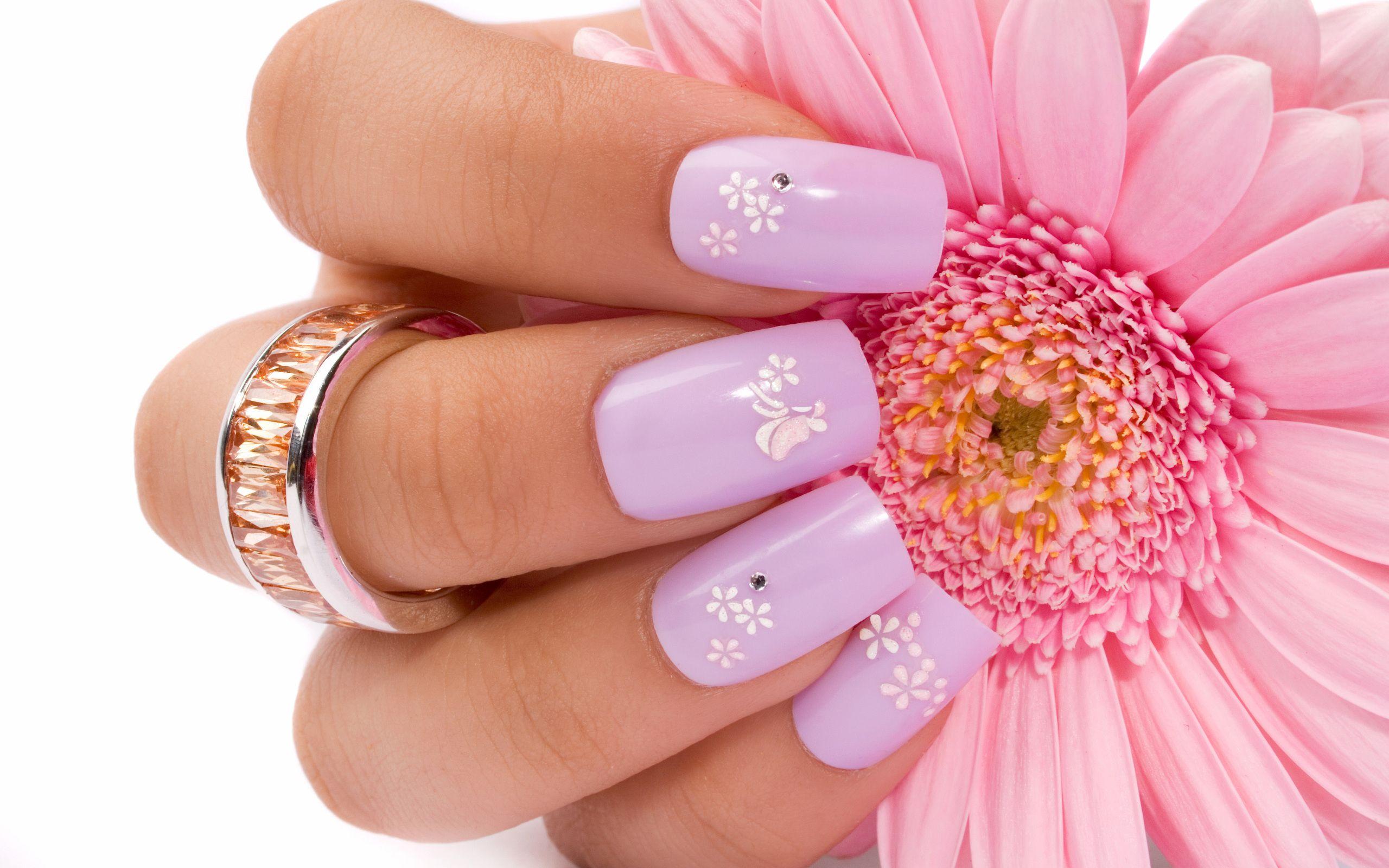 Nail Care. Pink Flower Finger Nails Wallpaper Picture Photo