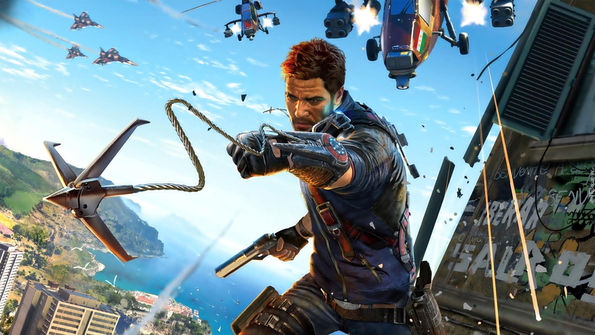 Rico Rodriguez firing the cable cable Wallpaper from Just Cause 3