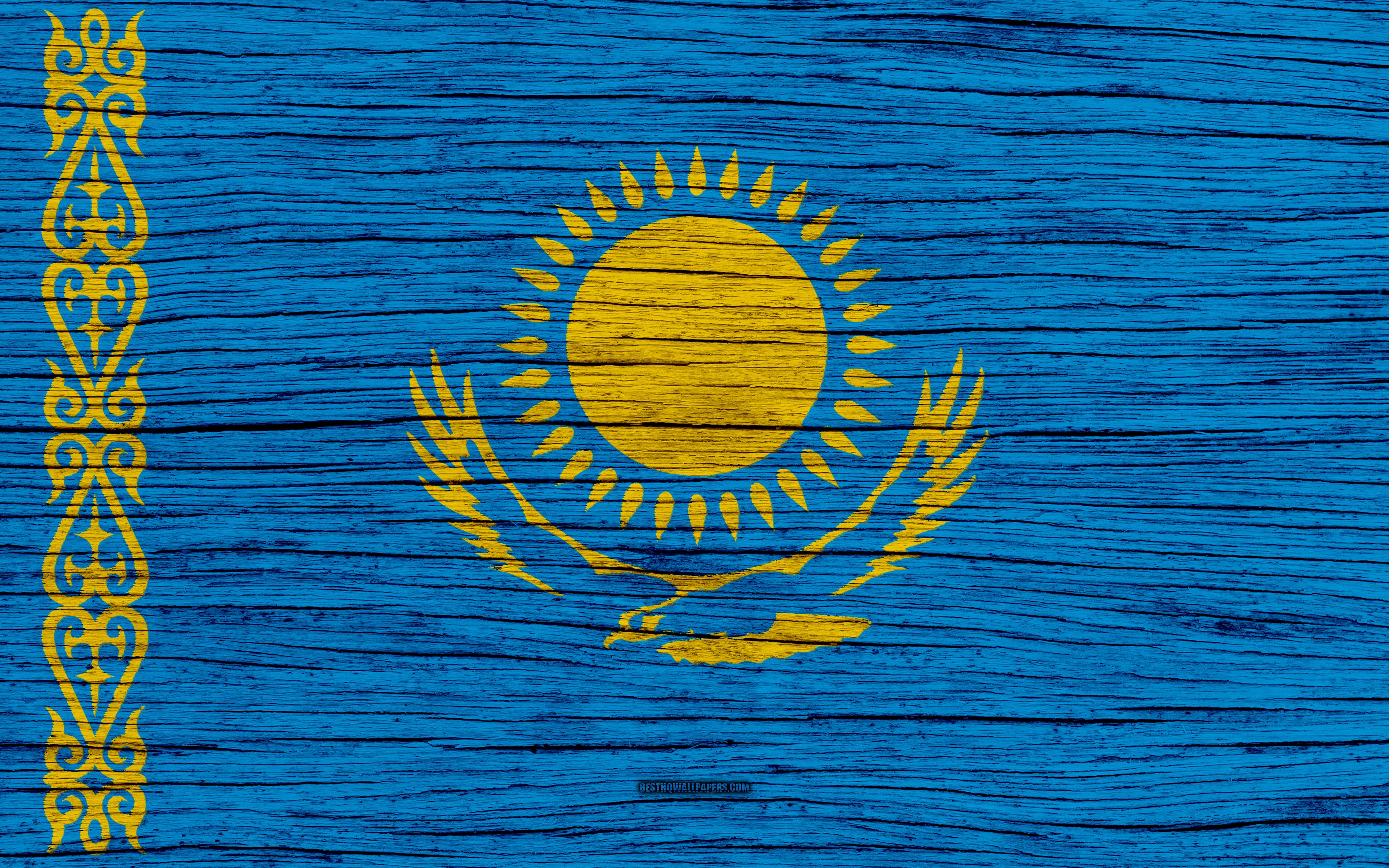 Download wallpaper Flag of Kazakhstan, 4k, Asia, wooden texture