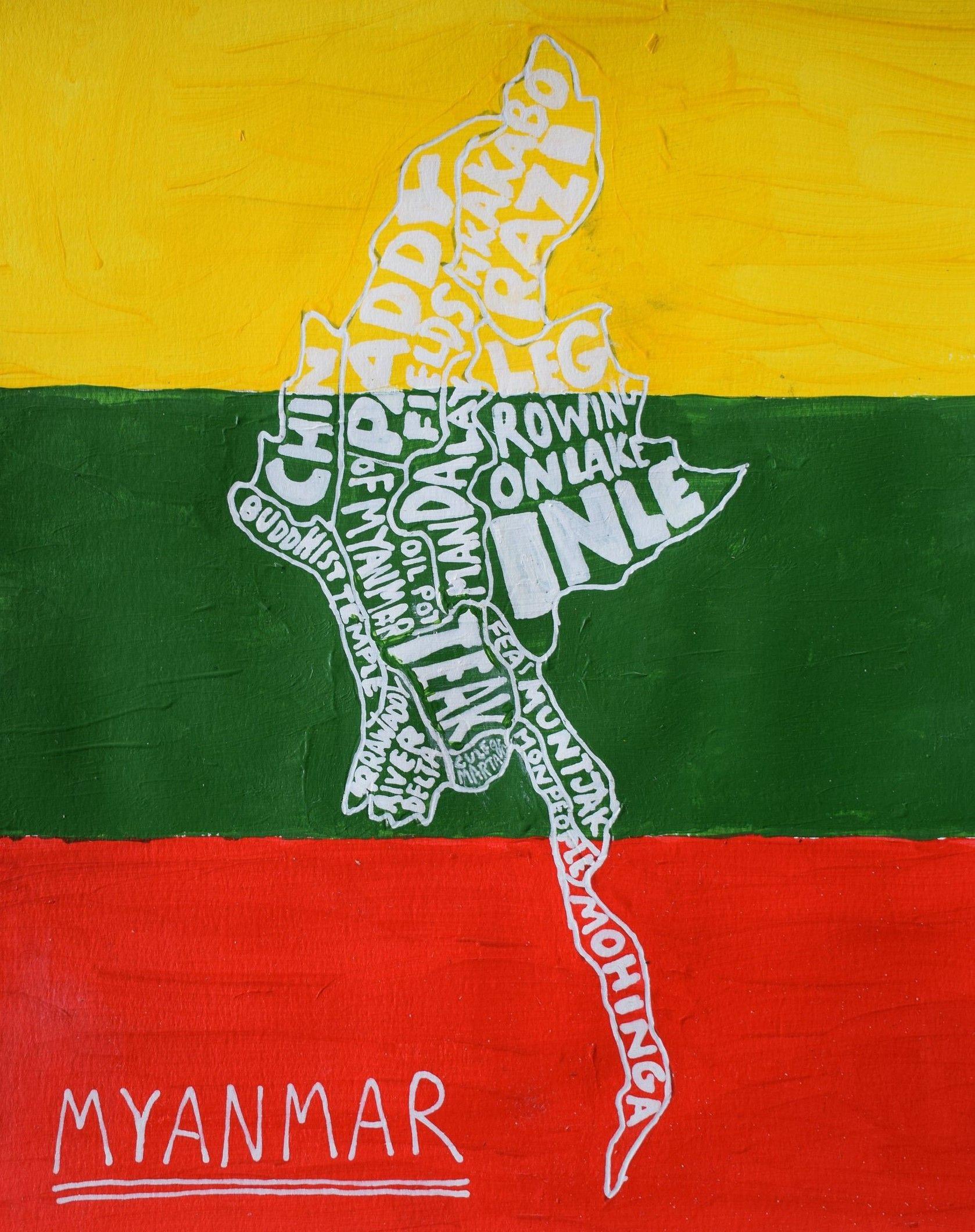 Myanmar map art. flag themed gift idea. Asia Map Art