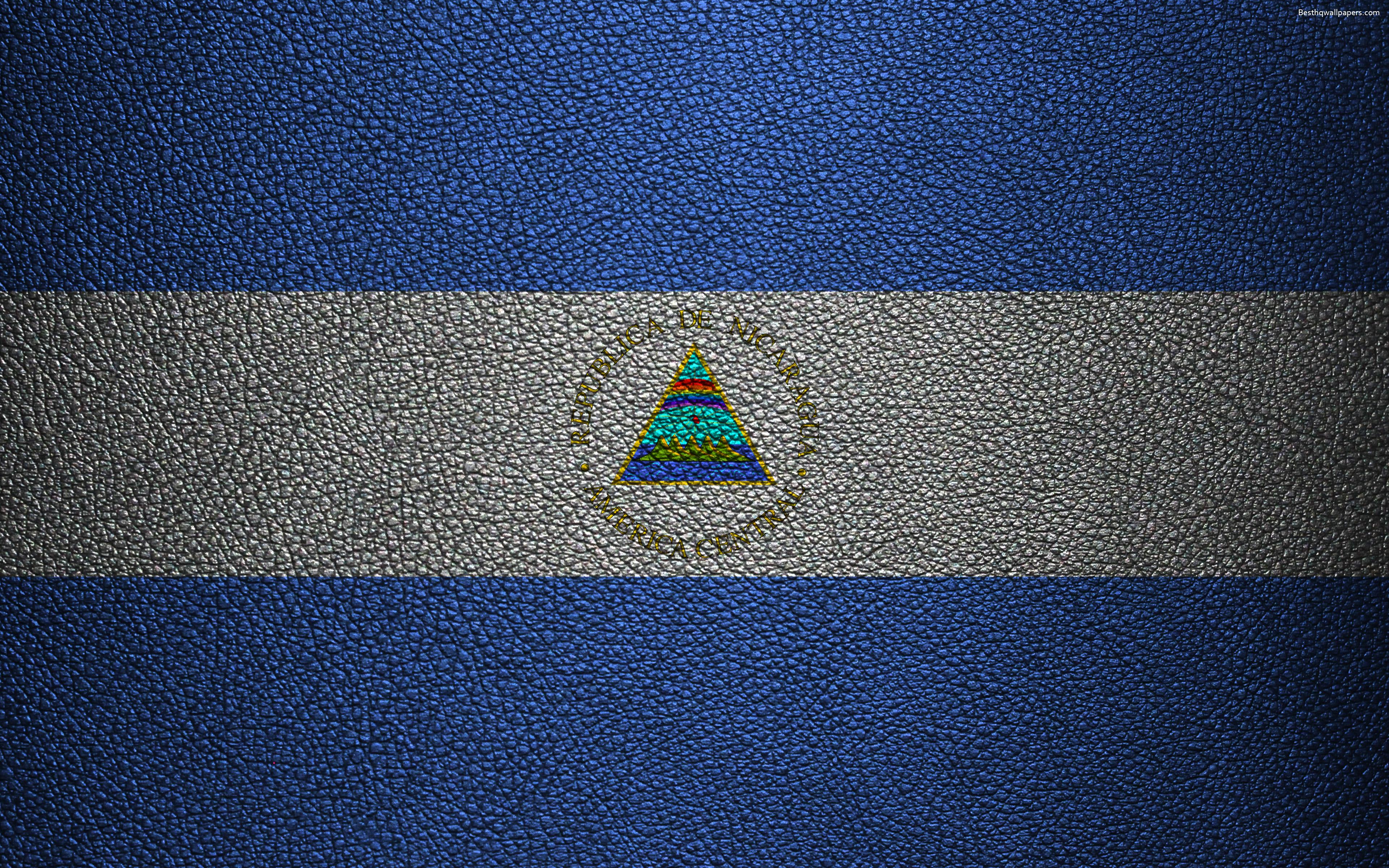 Download wallpaper Flag of Nicaragua, 4k, leather texture, North