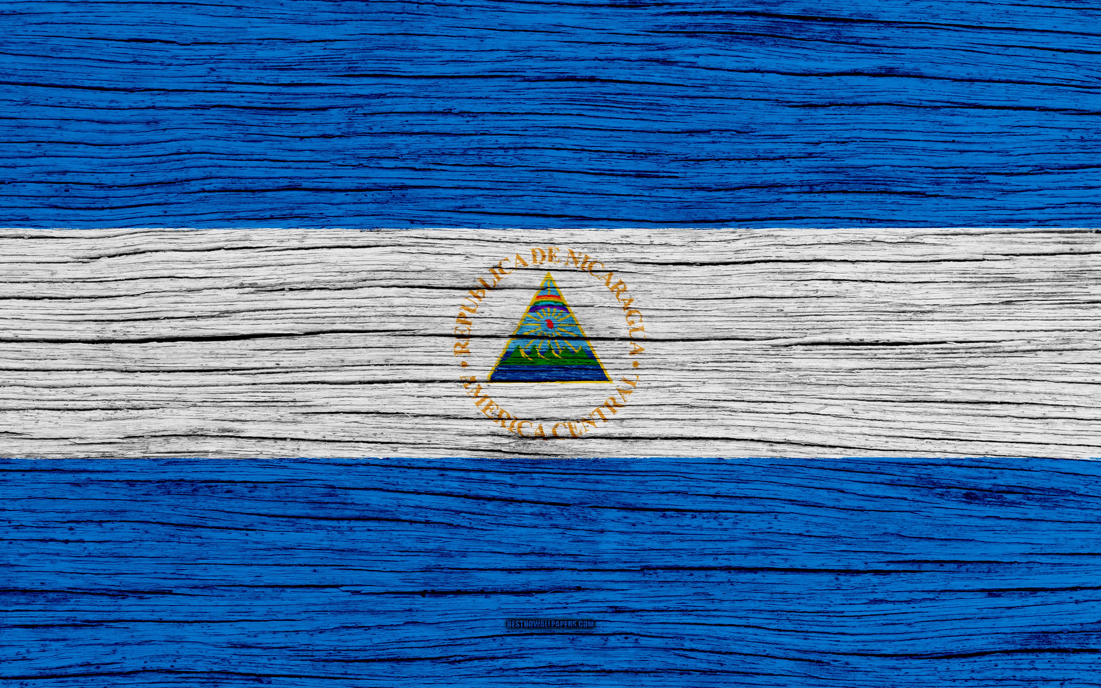 Download wallpaper Flag of Nicaragua, 4k, North America, wooden