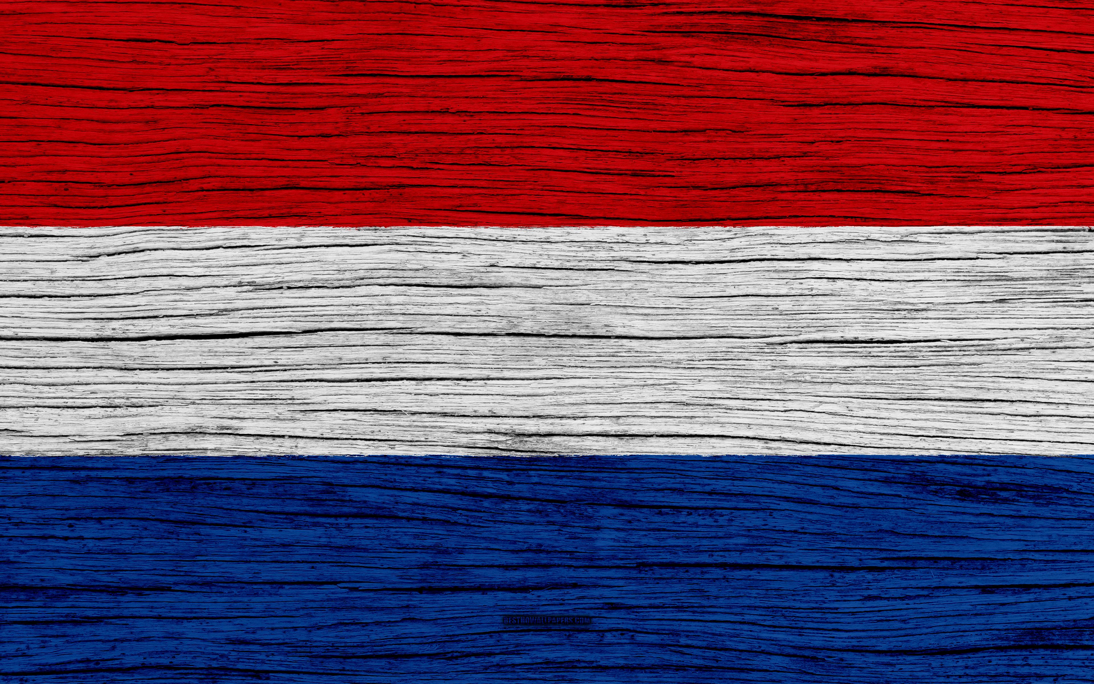 Download wallpaper Flag of Netherlands, 4k, Europe, wooden texture, Dutch flag, national symbols, Netherlands flag, art, Netherlands for desktop with resolution 3840x2400. High Quality HD picture wallpaper