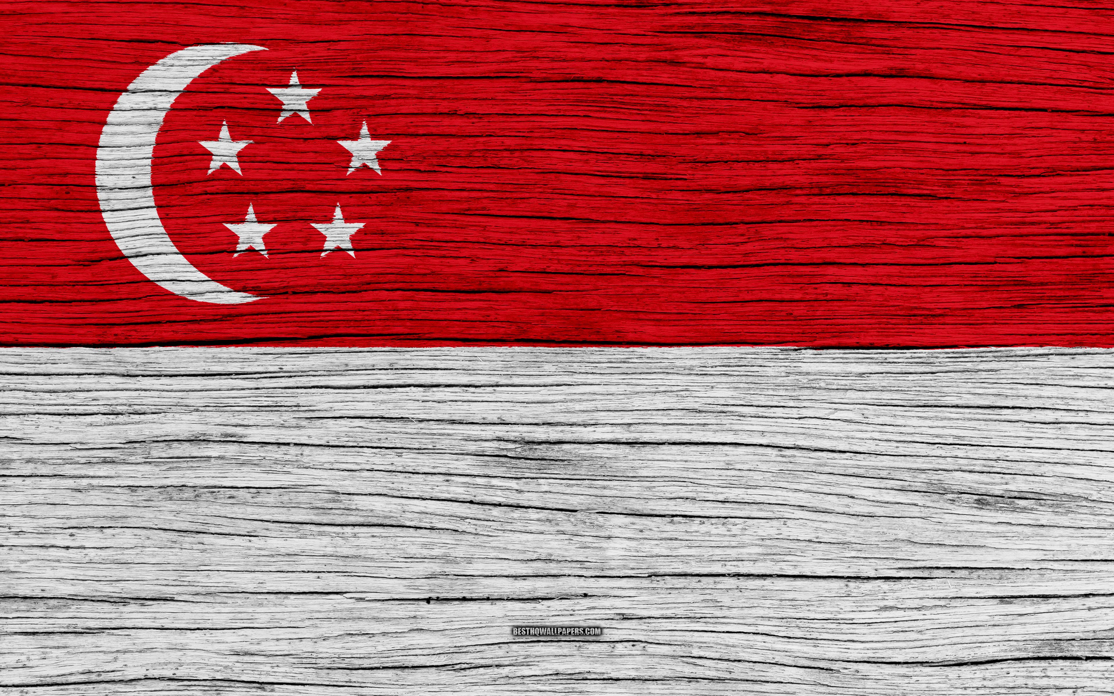 Download wallpaper Flag of Singapore, 4k, Asia, wooden texture