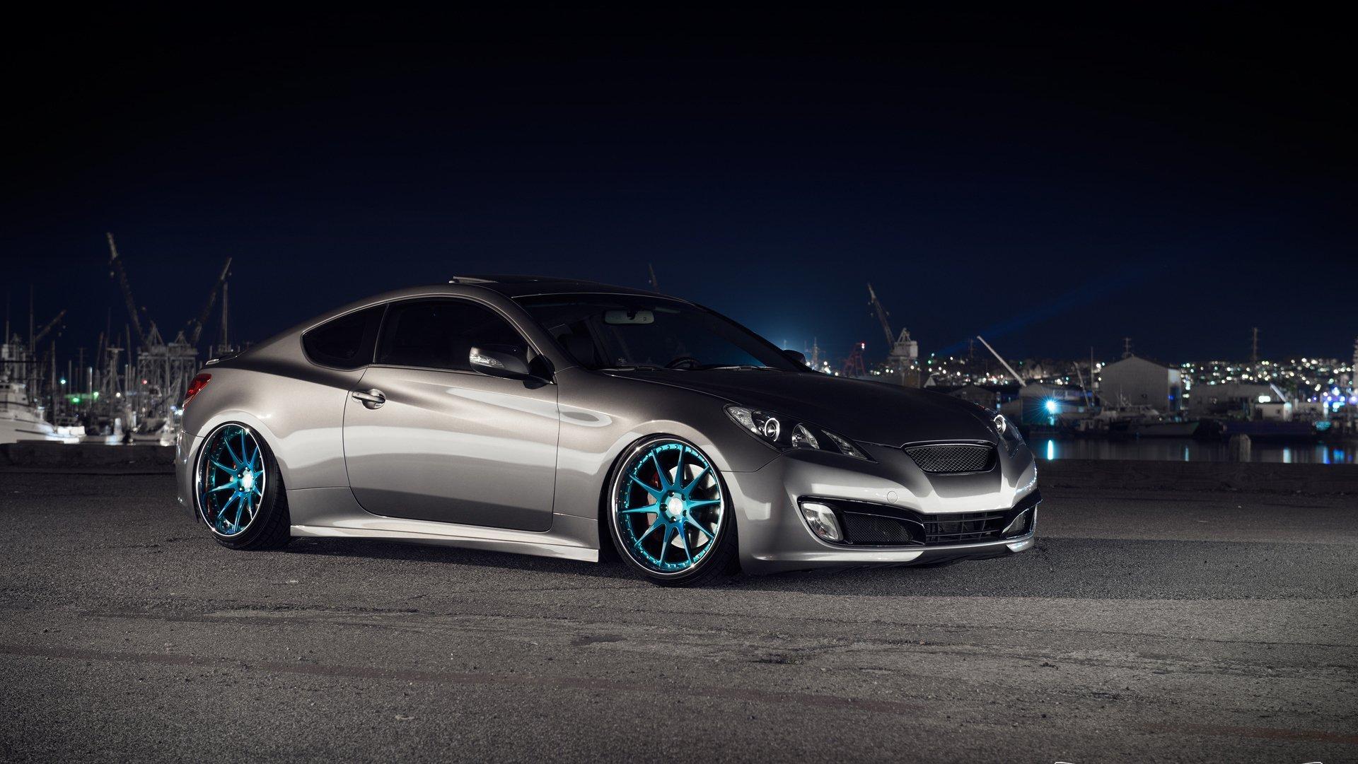 hyundai genesis coupe tuning stance town night HD wallpaper