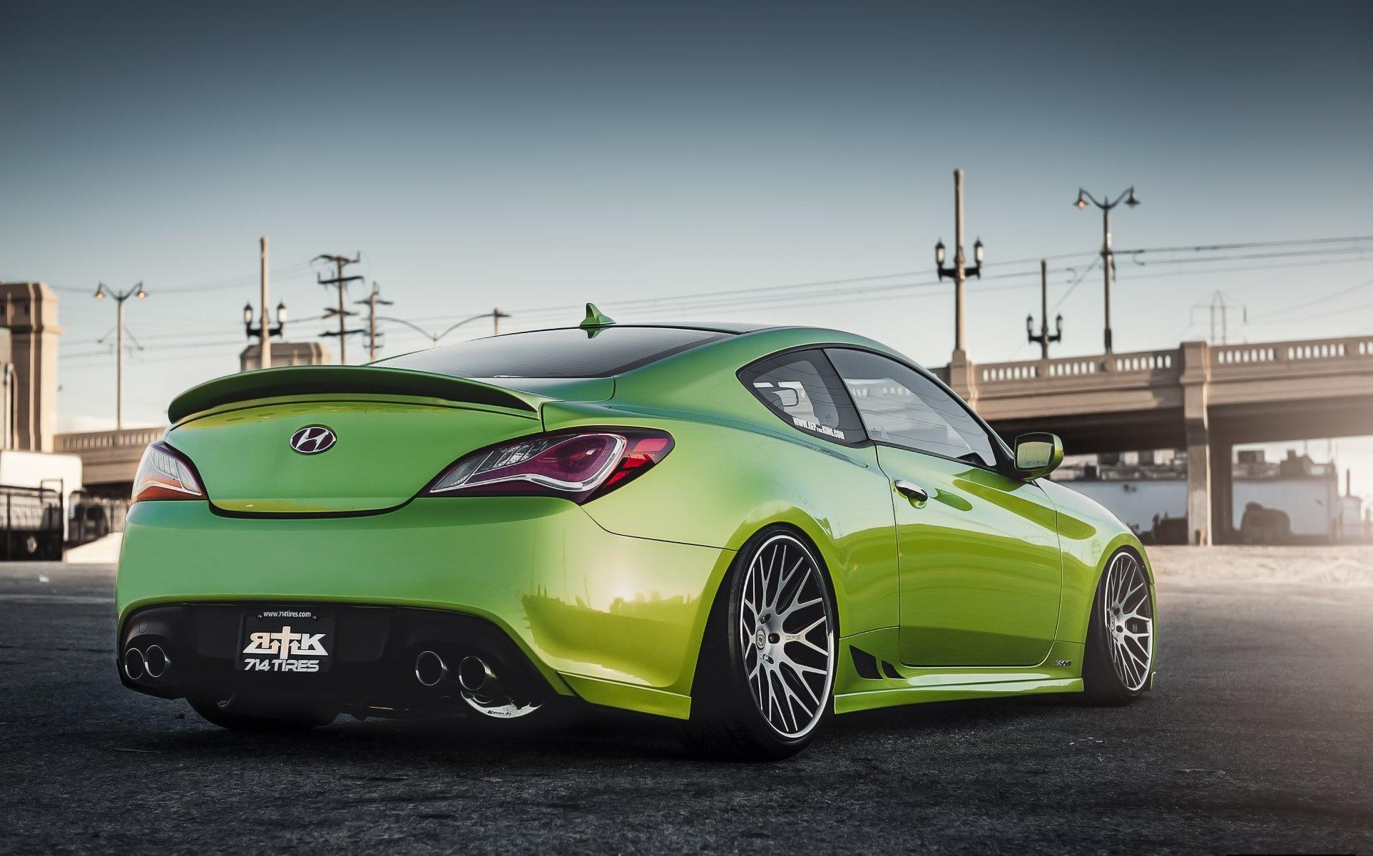 hyundai genesis stance tuning green coupe HD wallpaper