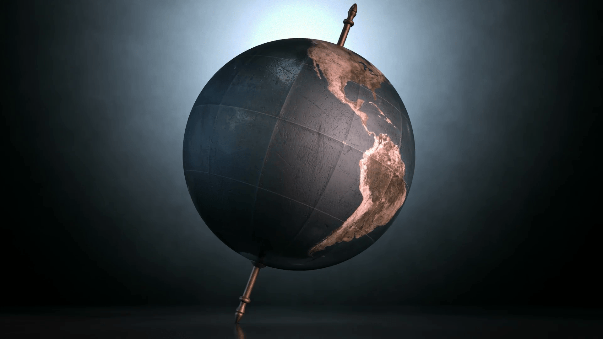 A static view of a world globe ornament spinning on a tilted axis