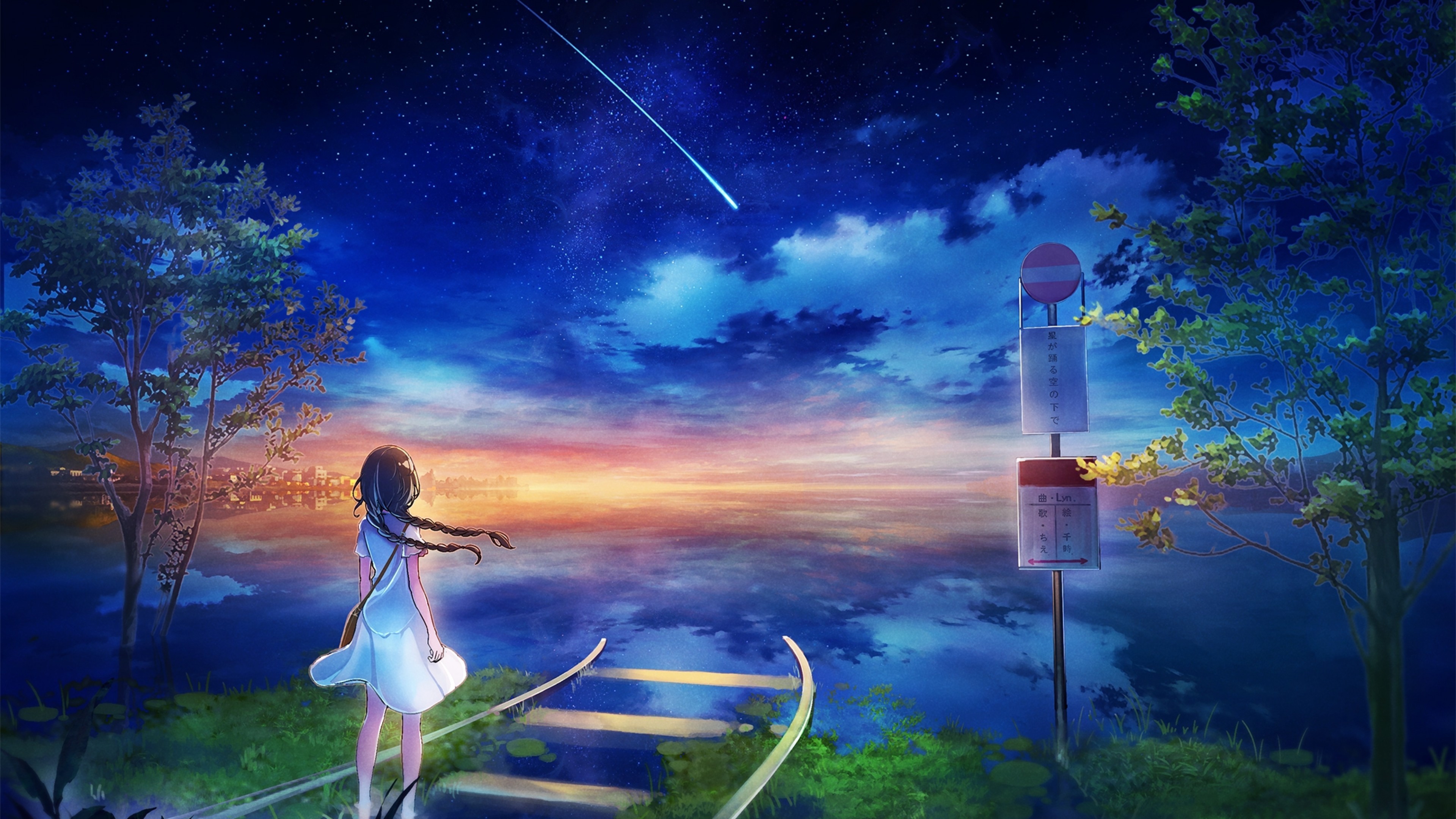 Download 3840x2160 Anime Girl, Railway, Falling Star, Scenic, Sky