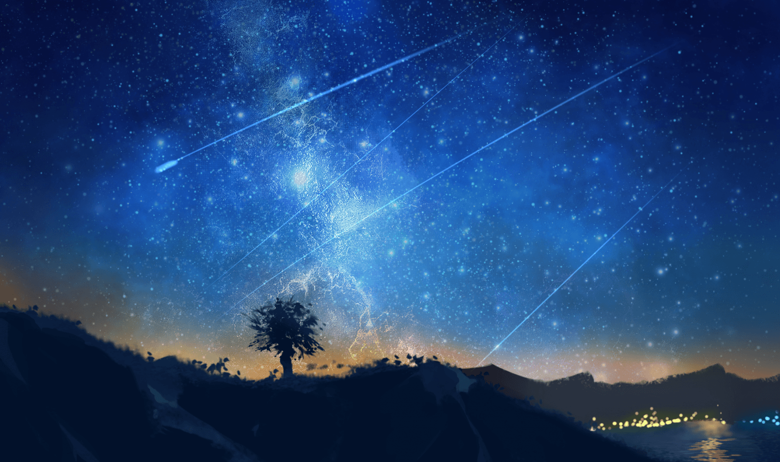 Download 1600x948 Night, Falling Stars, Landscape Wallpaper