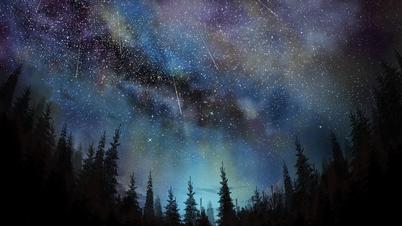 Download 1366x768 Meteors, Trees, Sky, Night, Falling Stars