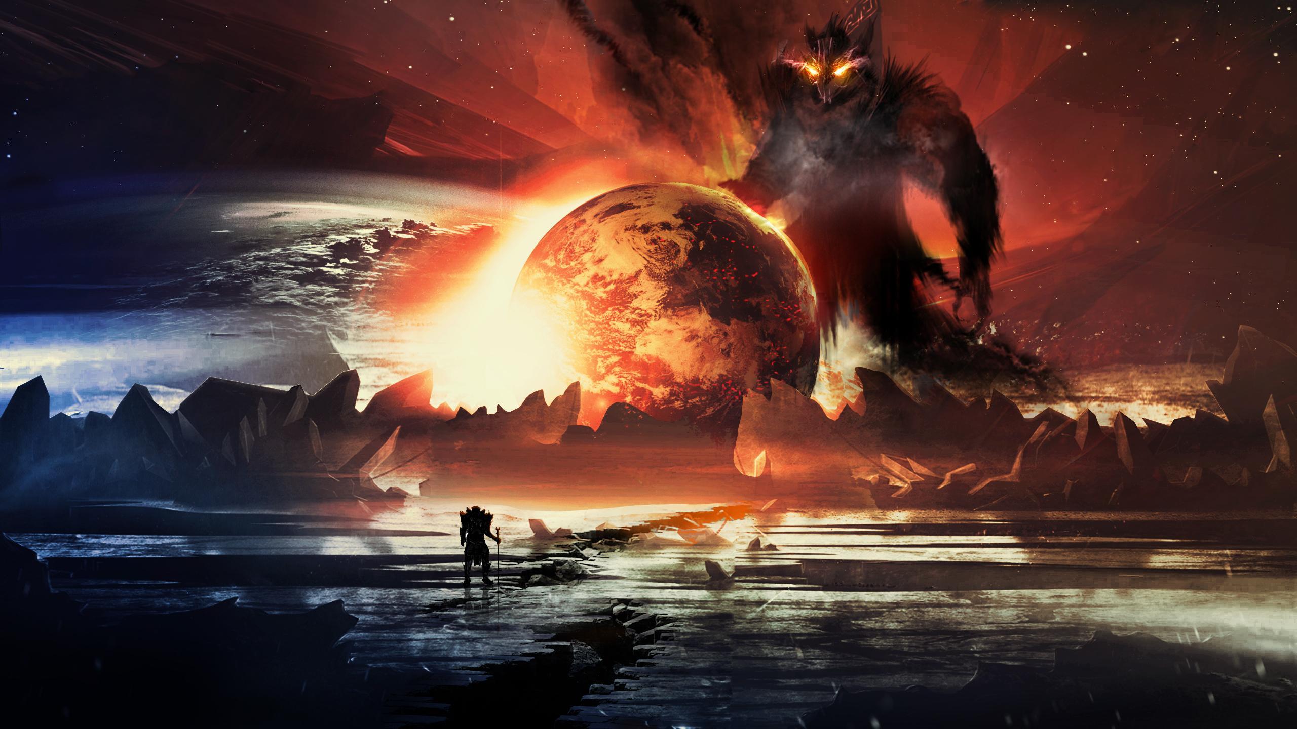 image Planets Monsters Fantasy Night 2560x1440