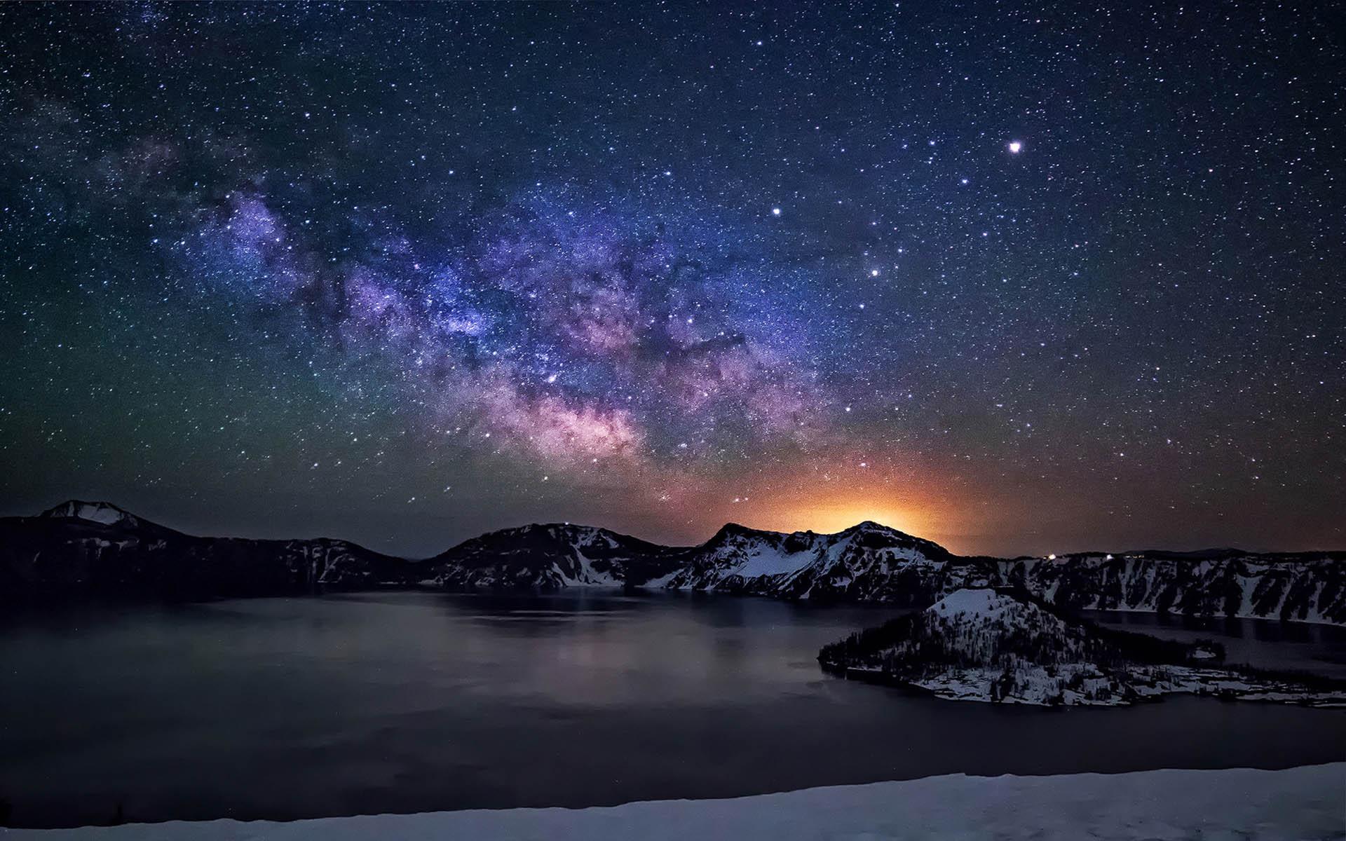Crater Lake Night Sky With Star Milkyway Desktop Wallpaper HD