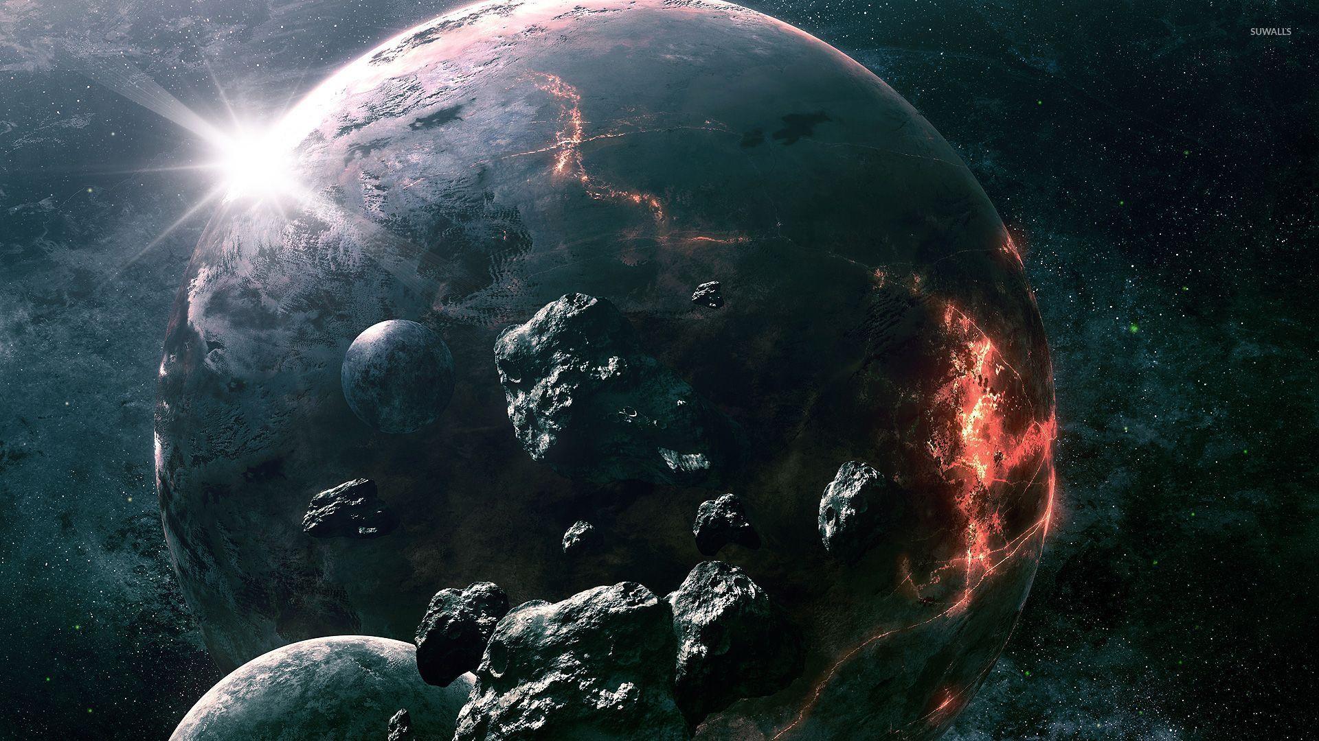 Meteorite circling the imploding planet wallpaper