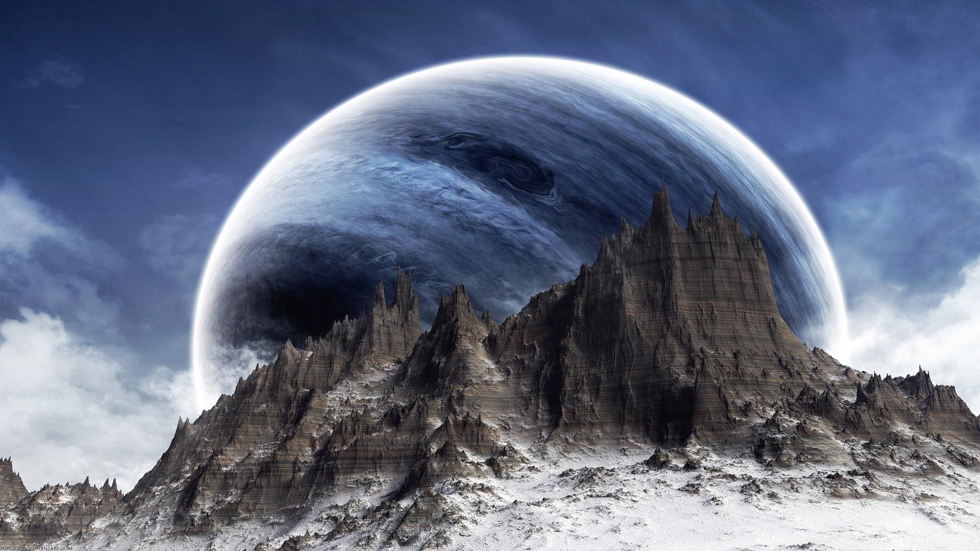Fantasy art mountains outer space planets wallpaper. AllWallpaper