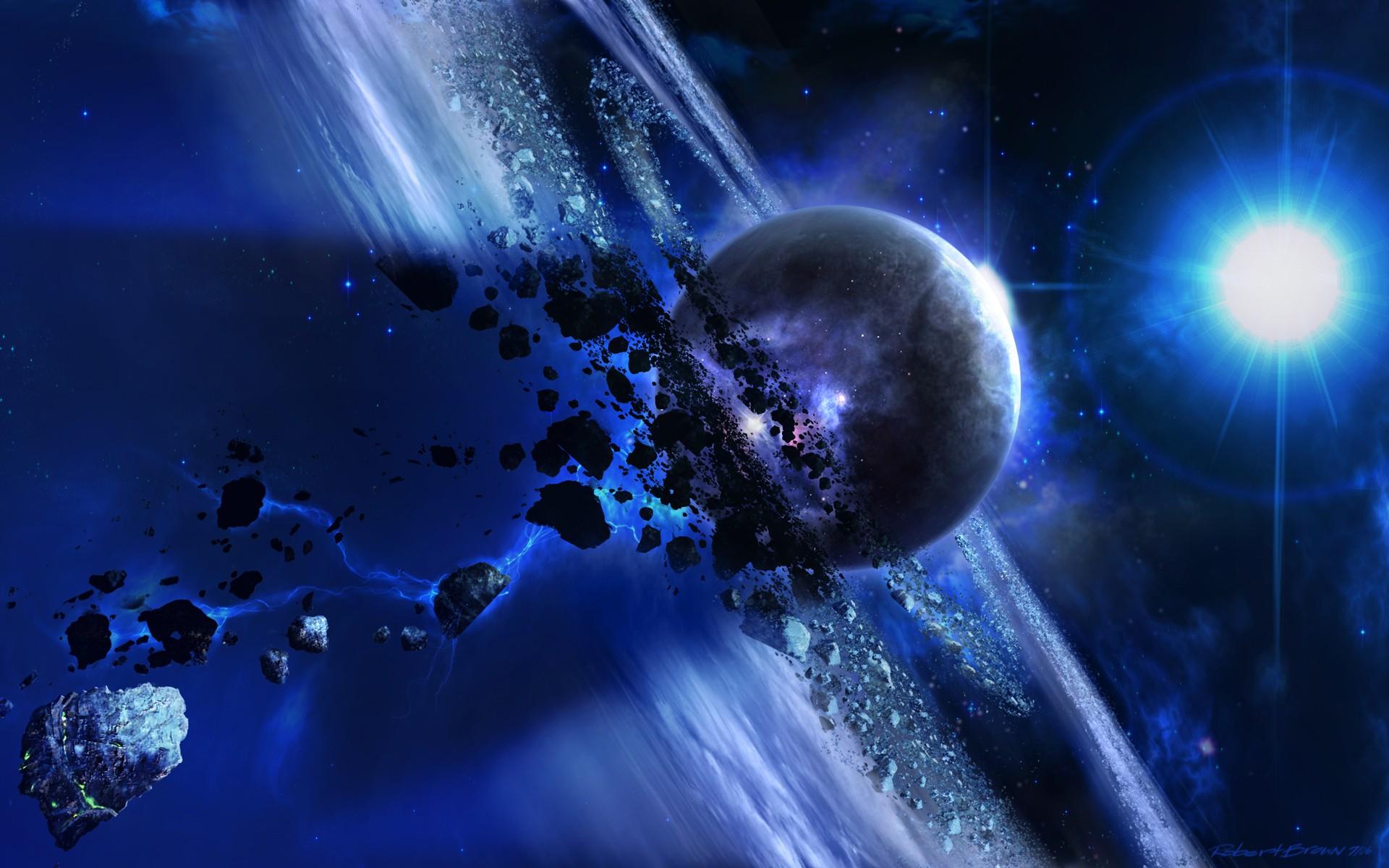 asteroids, planets, stars, outer space, blue wallpaper