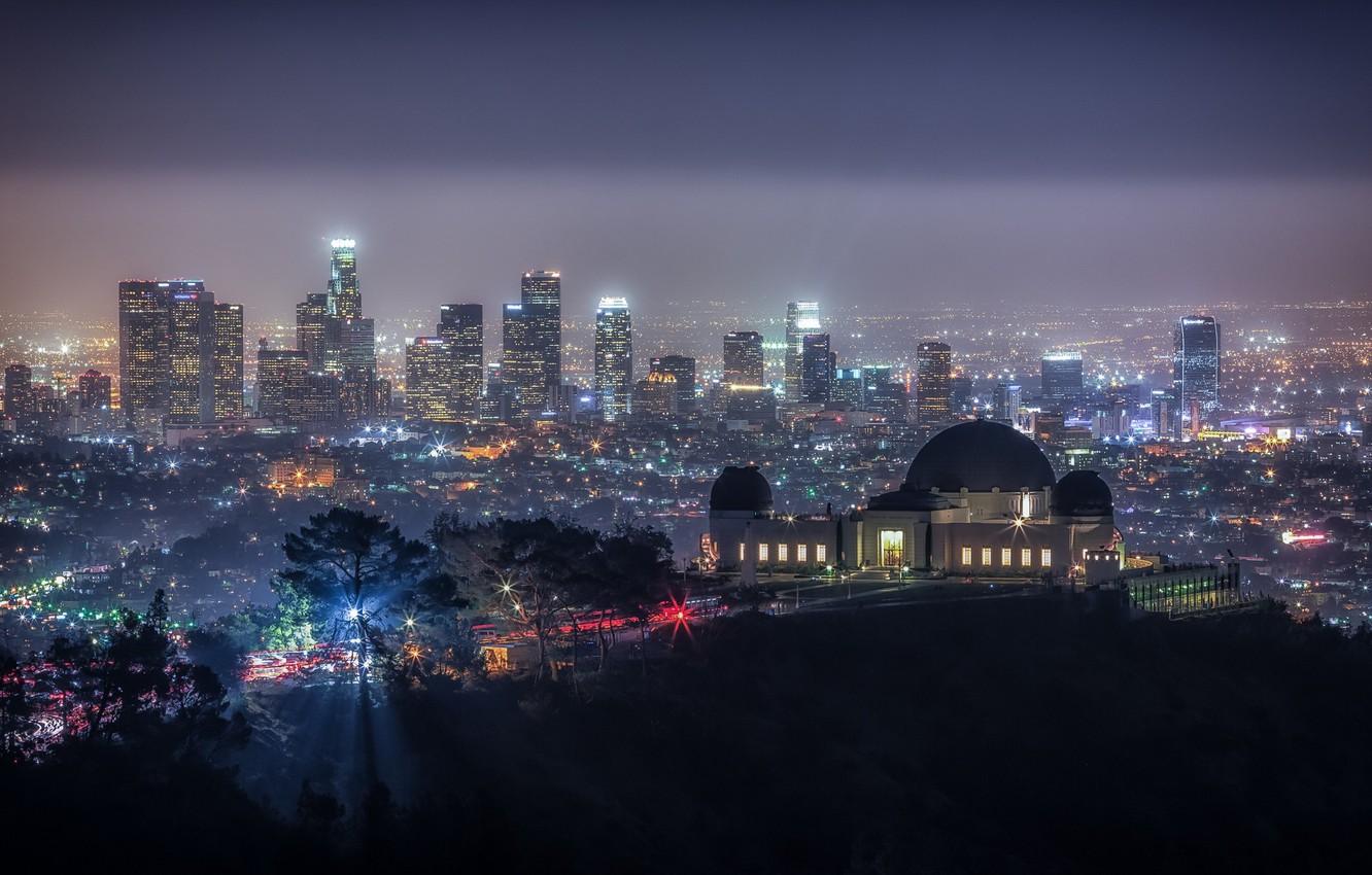 Wallpaper the sky, trees, night, lights, home, california, the dome, USA, Griffith Park, Observatory image for desktop, section пейзажи