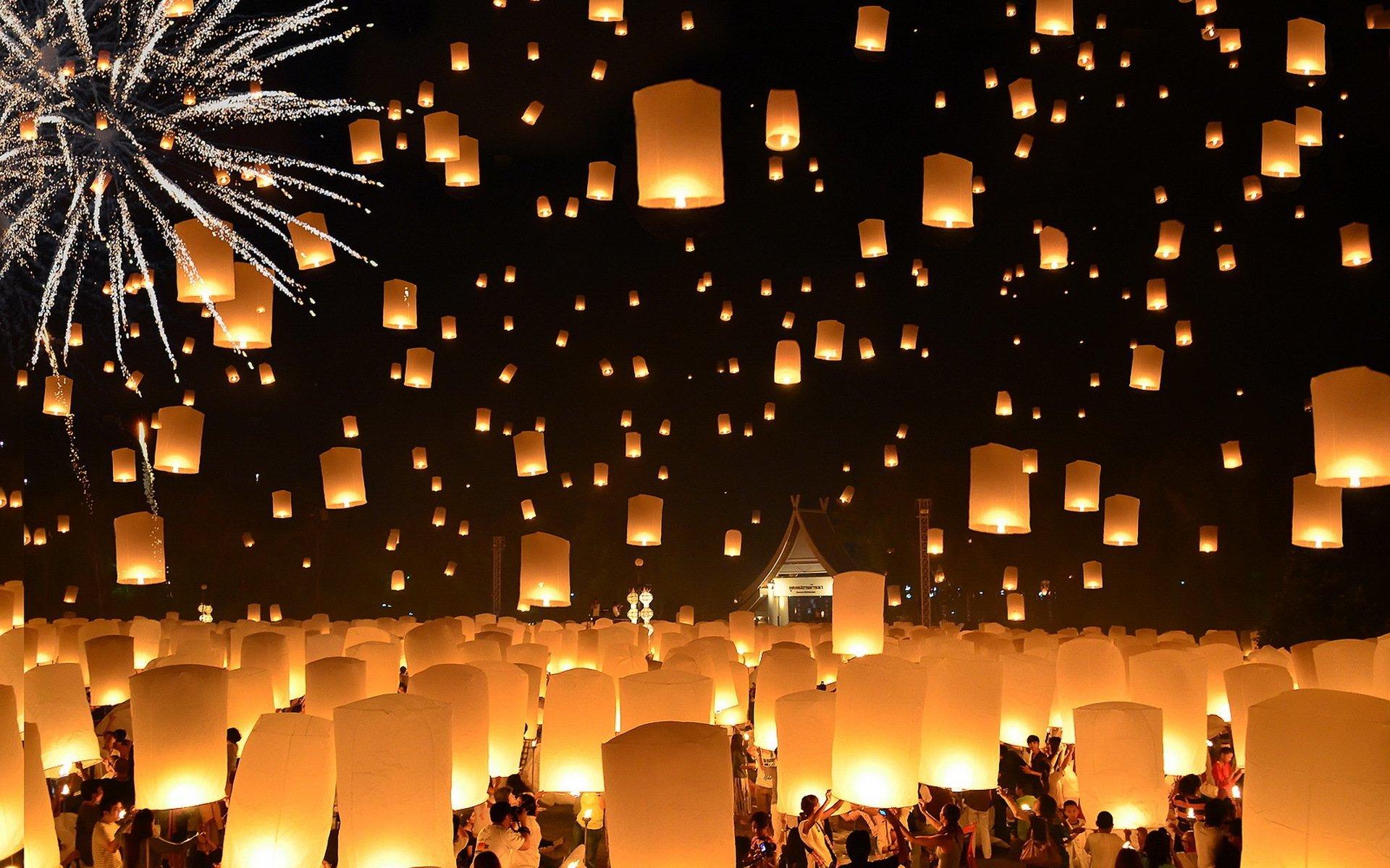 floating lanterns loi krathong festival thailand HD wallpaper