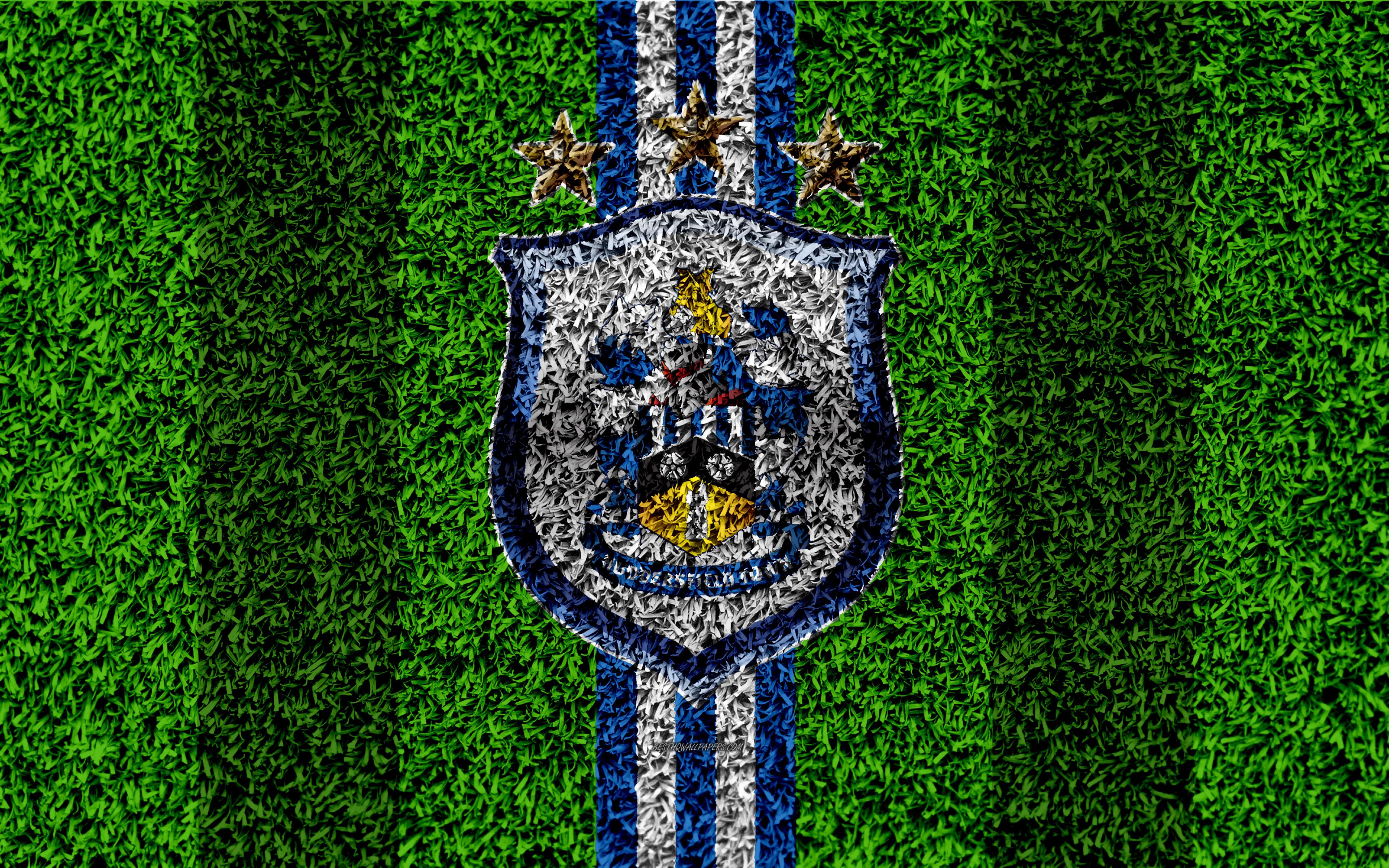 Download wallpaper Huddersfield Town AFC, 4k, football lawn, emblem