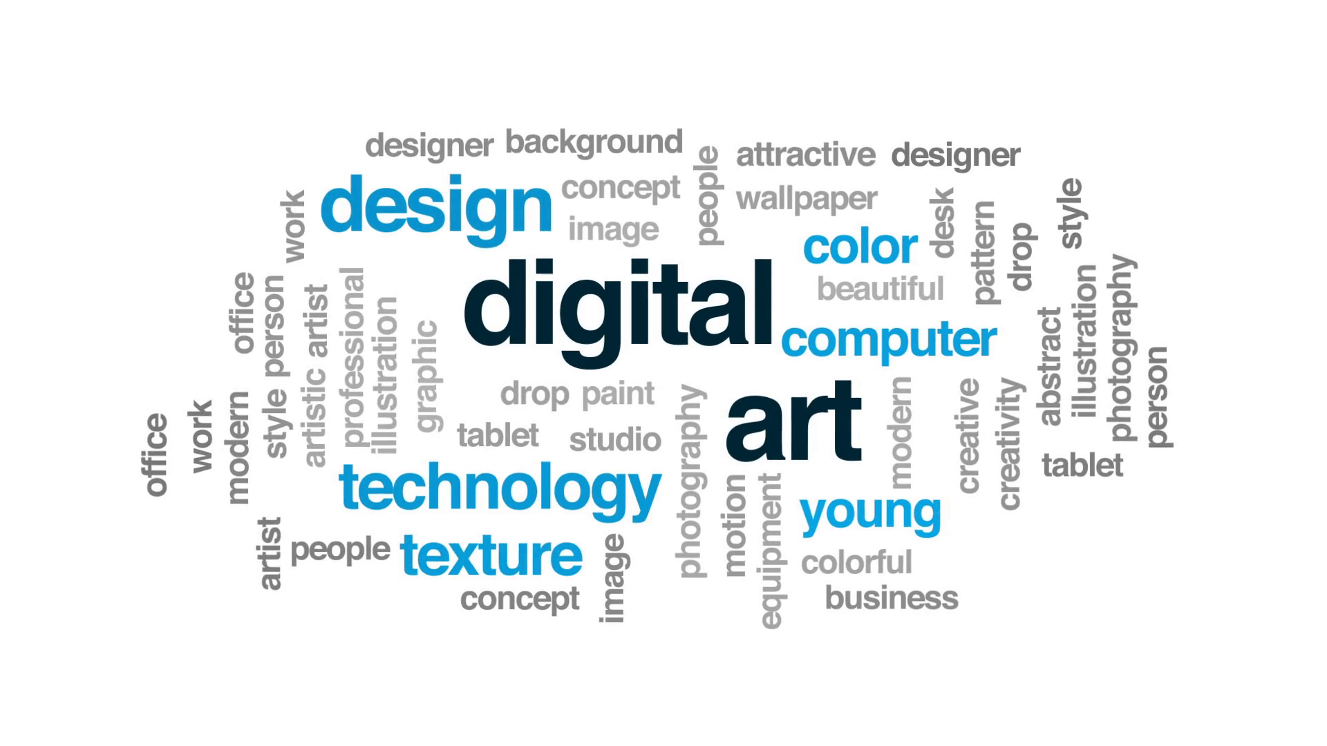 Digital art animated word cloud, text design animation. Motion